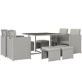 9 Piece Rattan Cube Garden Furniture Dining Set with Armchairs, Footstools and Glass-Top Table, Light Grey