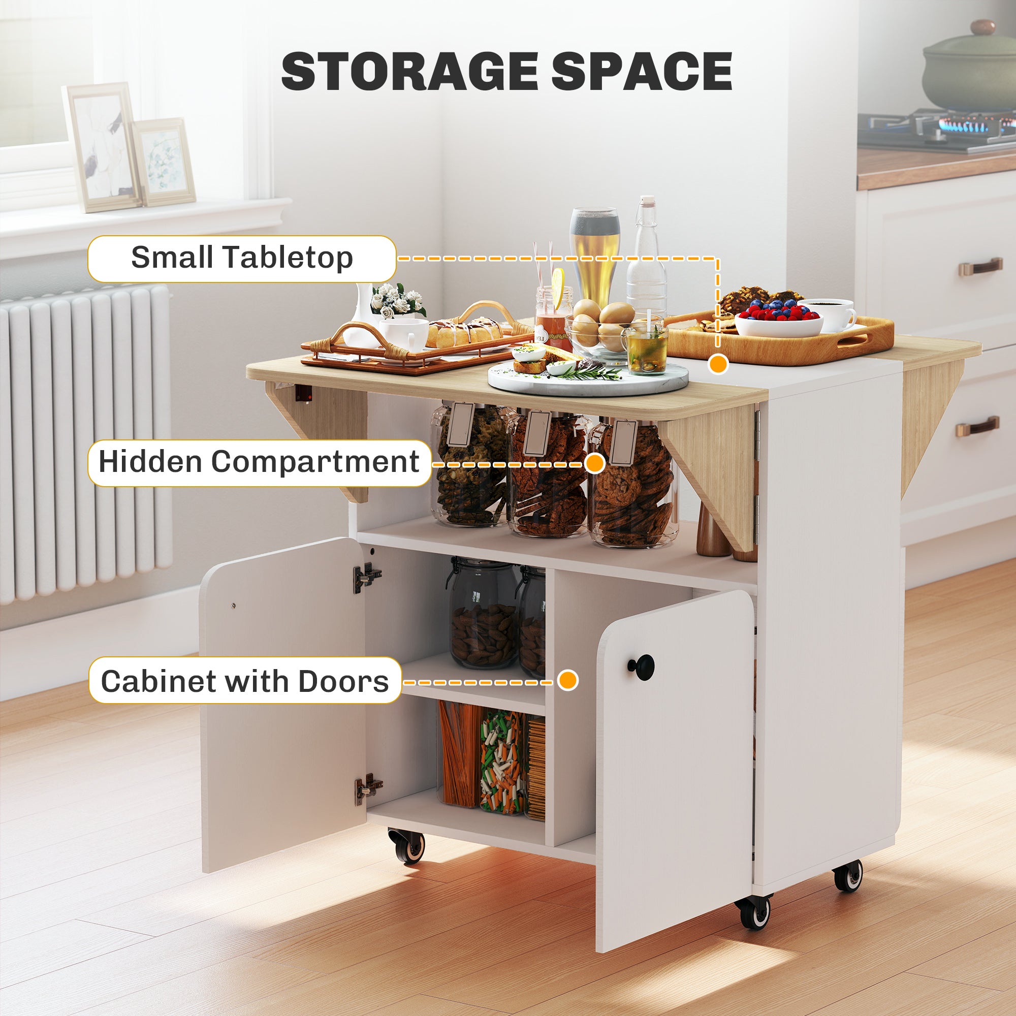 Folding Dining Table, Rolling Drop Leaf Table with Hidden Shelf & Cabinet for Dining Room, Small Spaces, White