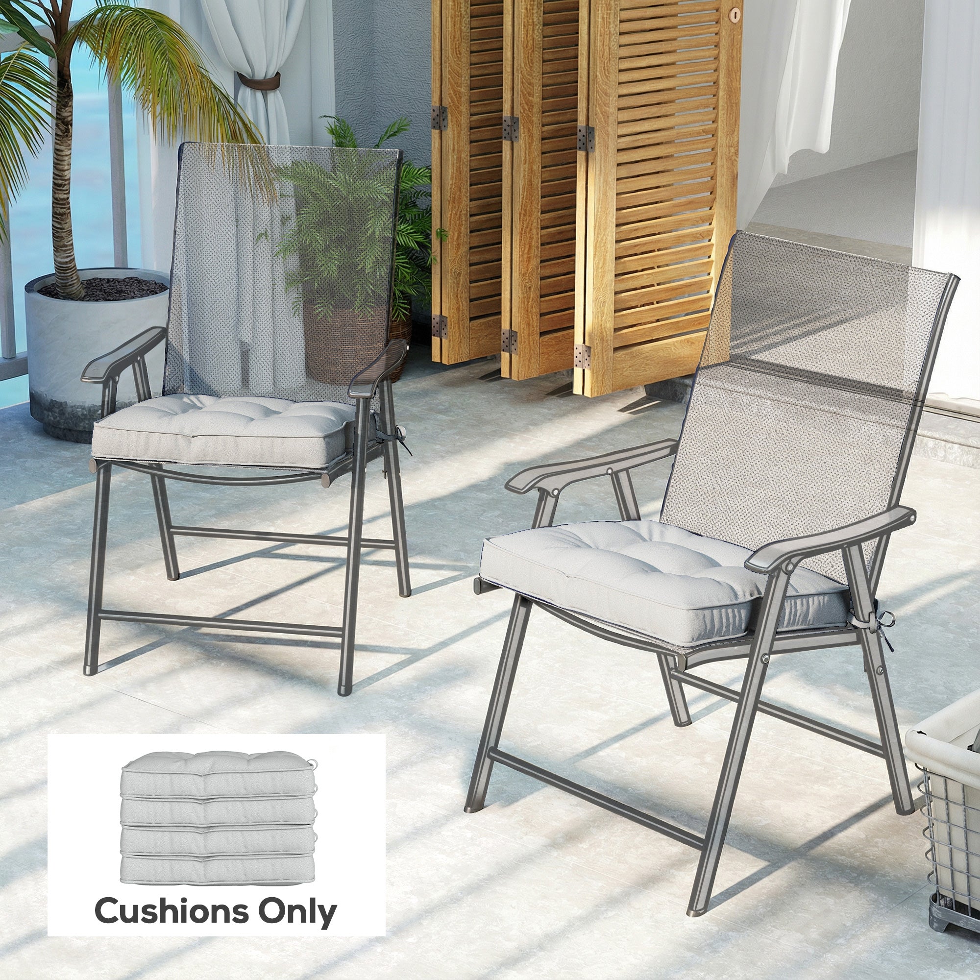 Set of 4 Garden Seat Cushion with Ties, 42 x 42cm Replacement Dining Chair Seat Pad, Light Grey