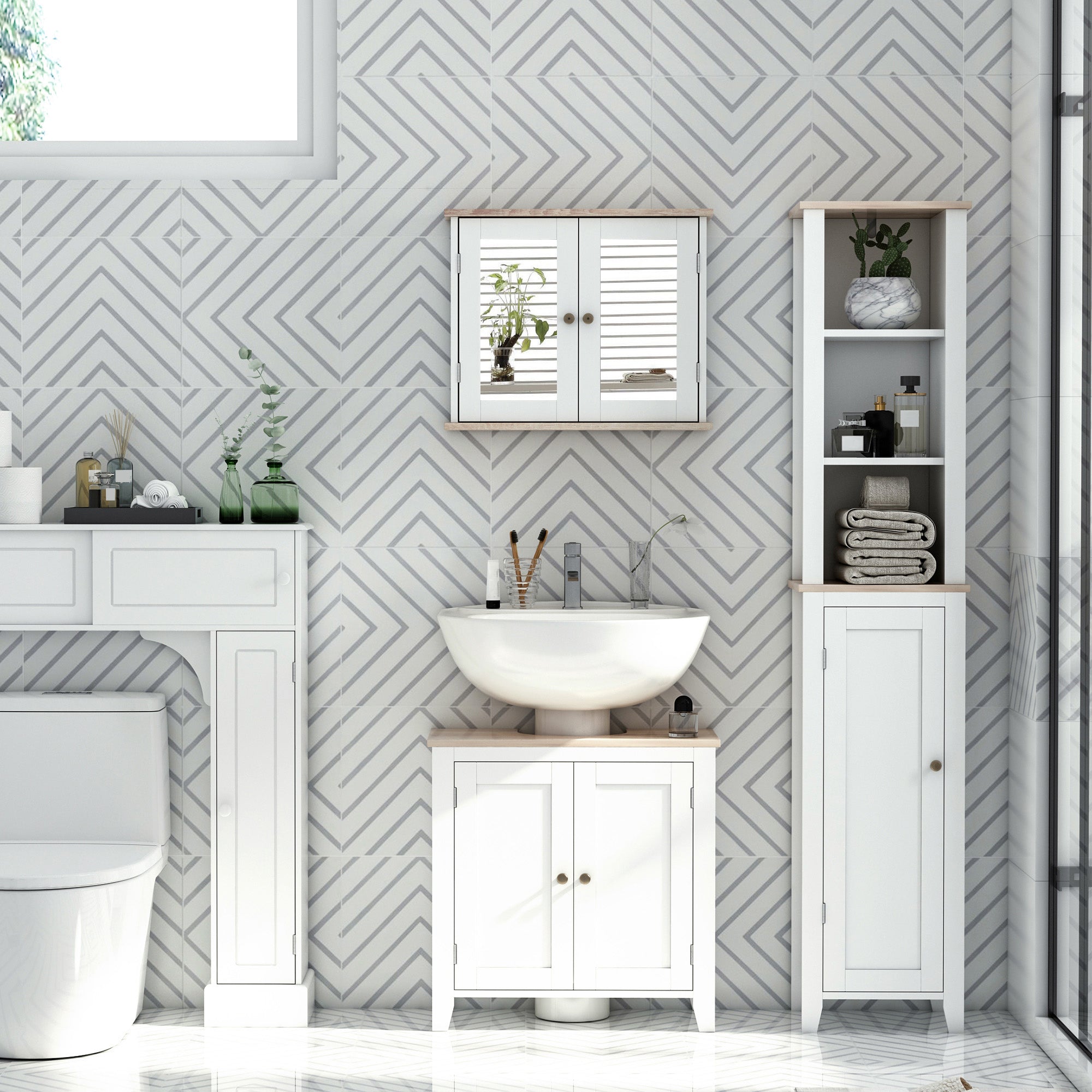 Bathroom Furniture Set, Mirror Cabinet Wall Mounted with Adjustable Shelf, Bathroom Sink Cabinet with Storage, White and Wood Grain