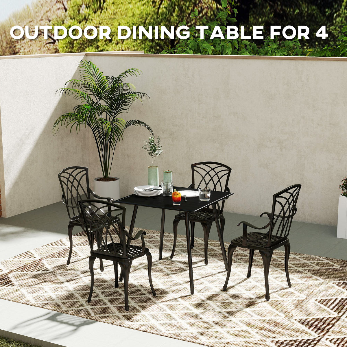 4 Seater Steel Frame Garden Table with Slat Top - Black