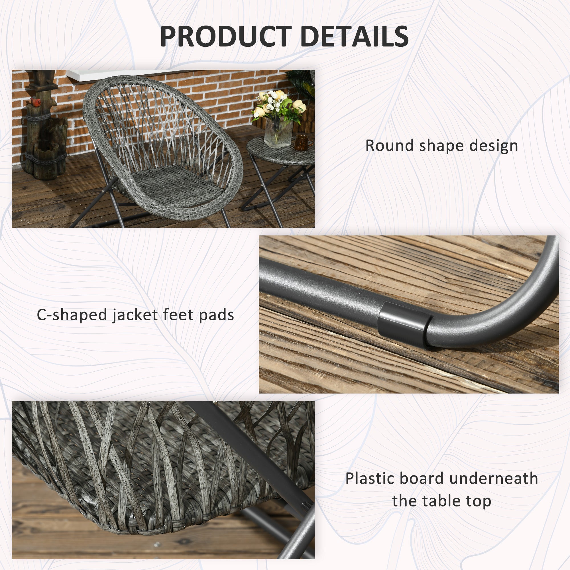 3 Pieces Rattan Bistro Set, Wicker Folding Garden Furniture Set with Round Coffee Table and Chairs for Outdoor, Patio, Balcony, Grey