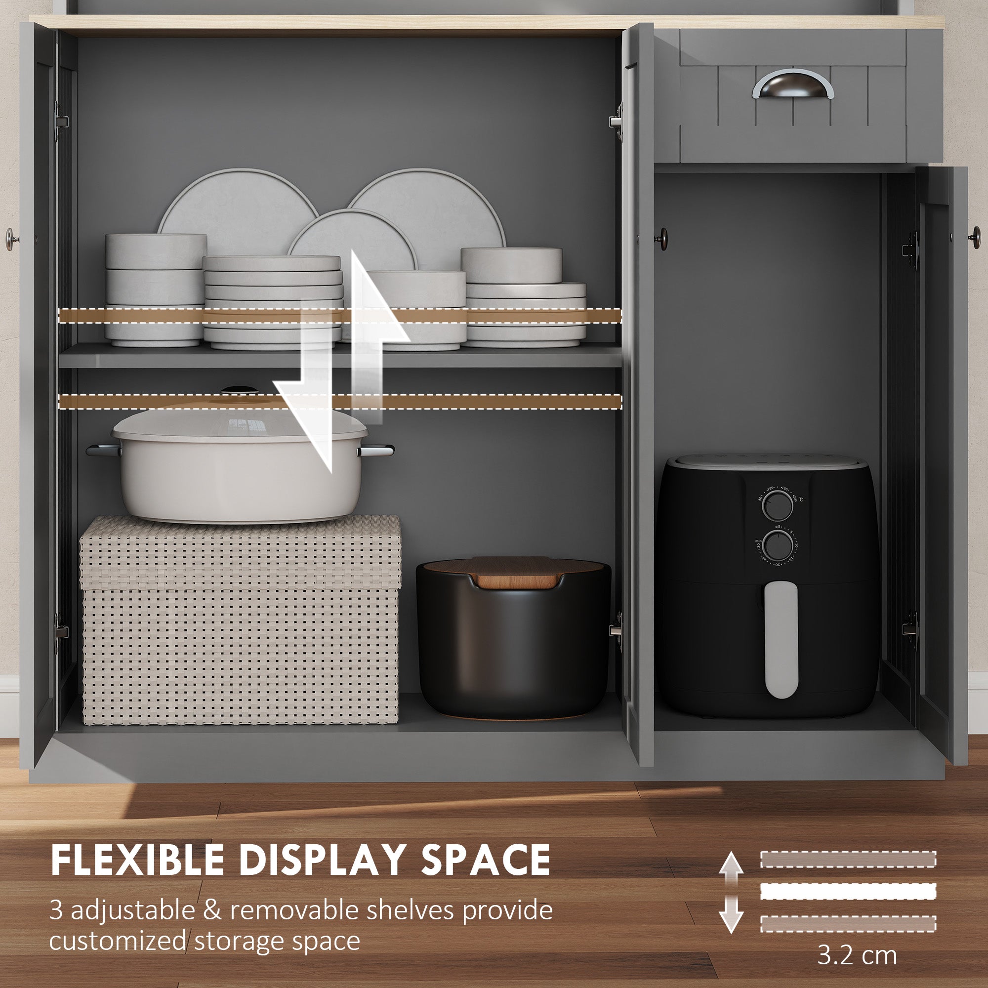 180cm Freestanding Kitchen Cabinet, Modern Storage Cupboard with Open Countertop, Drawer and 6 Doors, Grey
