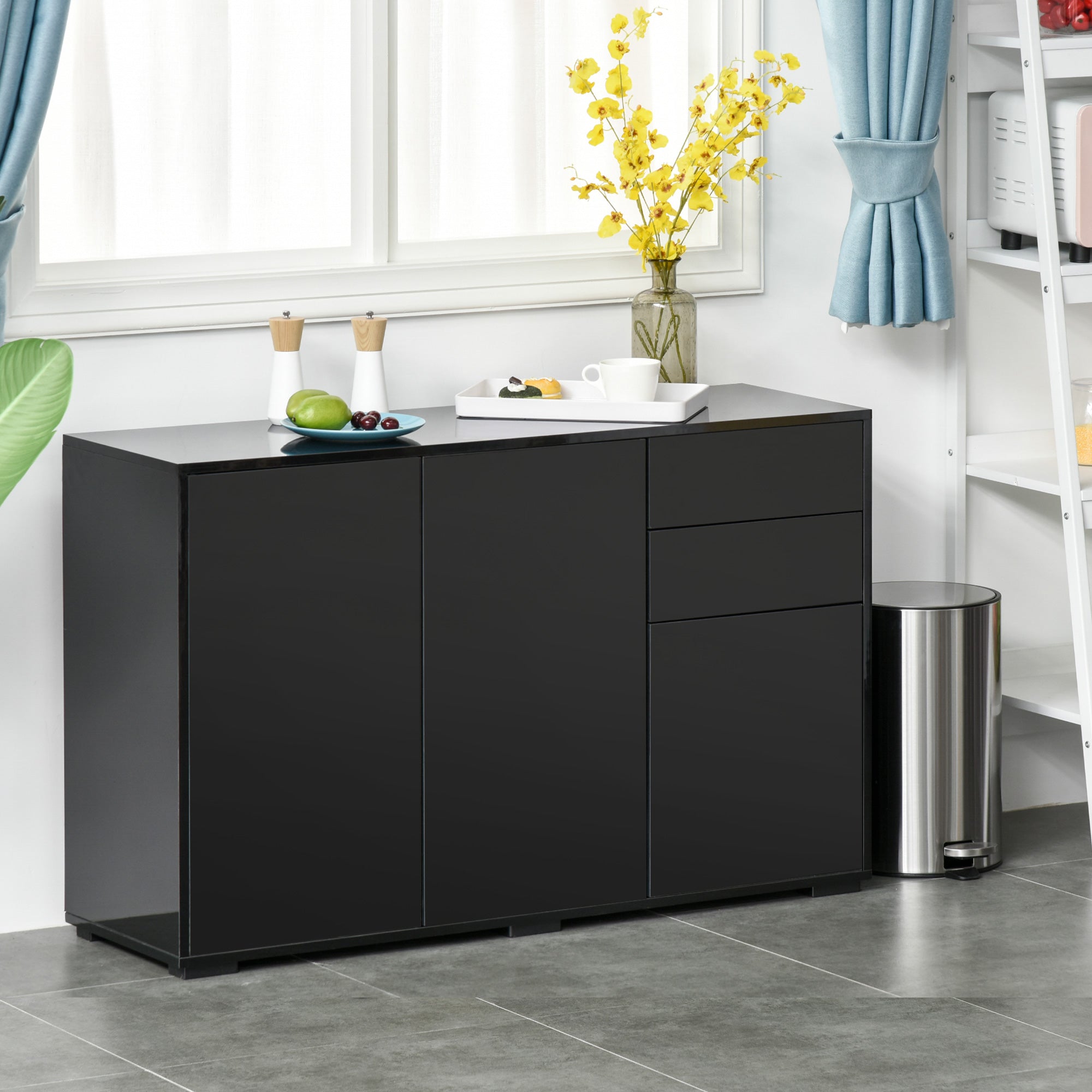 High Gloss Frame Sideboard, Side Cabinet, Push-Open Design with 2 Drawer for Living Room, Bedroom, Black