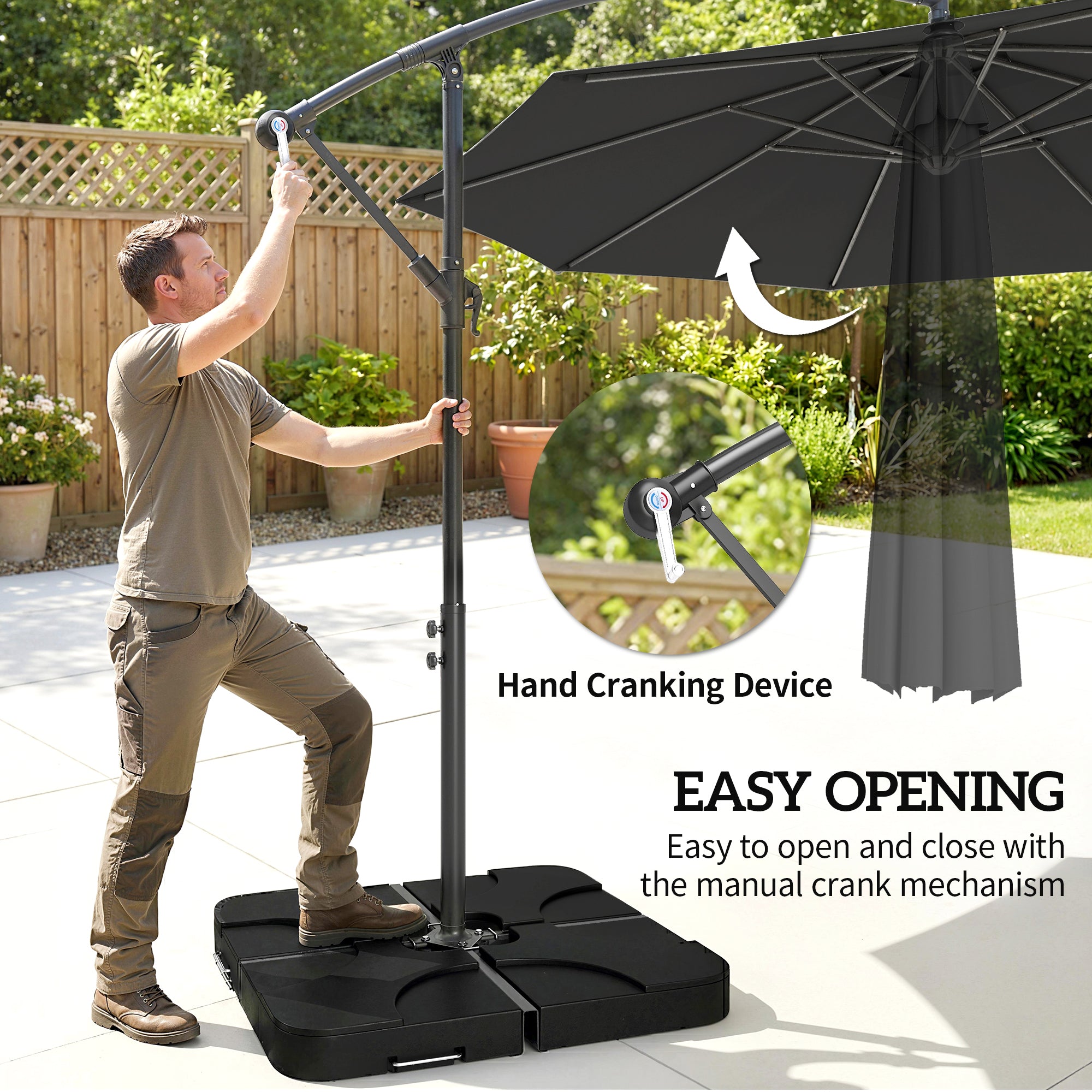 3m Overhanging Parasol, with Base, Weights and Cover - Black