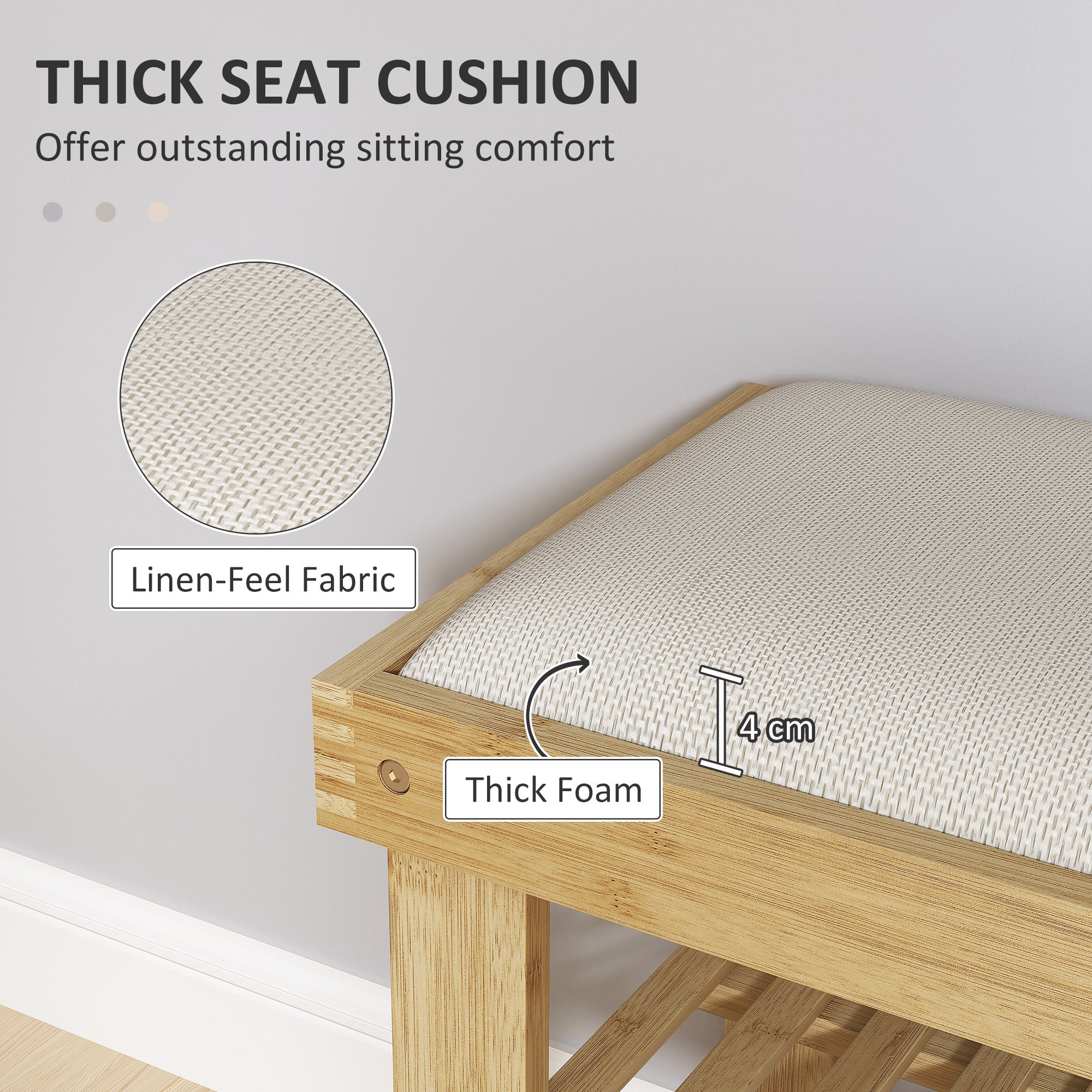 Bamboo Shoe Storage Bench, 3-Tier Shoe Bench with Seat Cushion, Shoe Rack for Entryway, Hallway, Living Room, Bedroom, Cream White