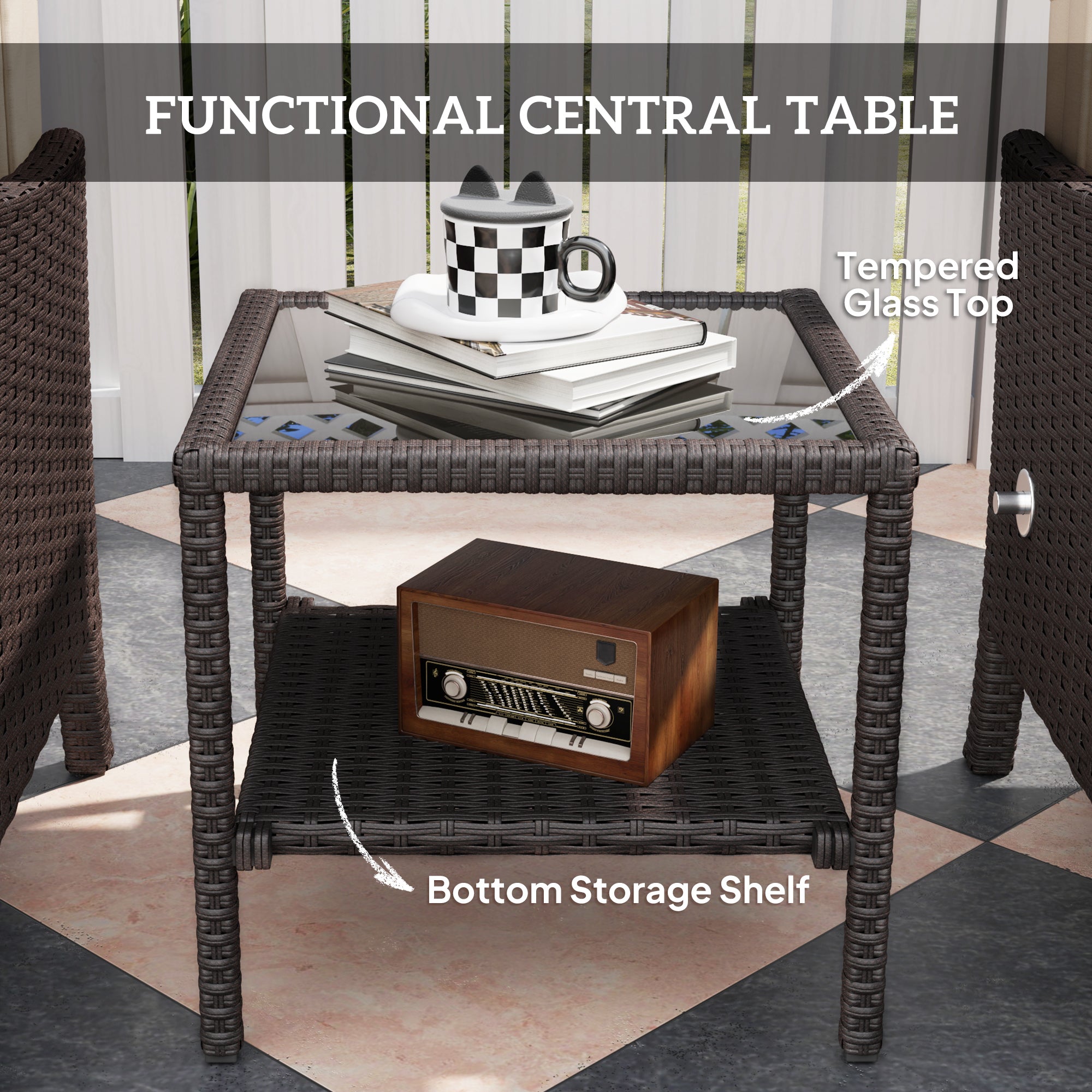 5 Piece Rattan Garden Furniture Set with Cushions and Glass Table Khaki