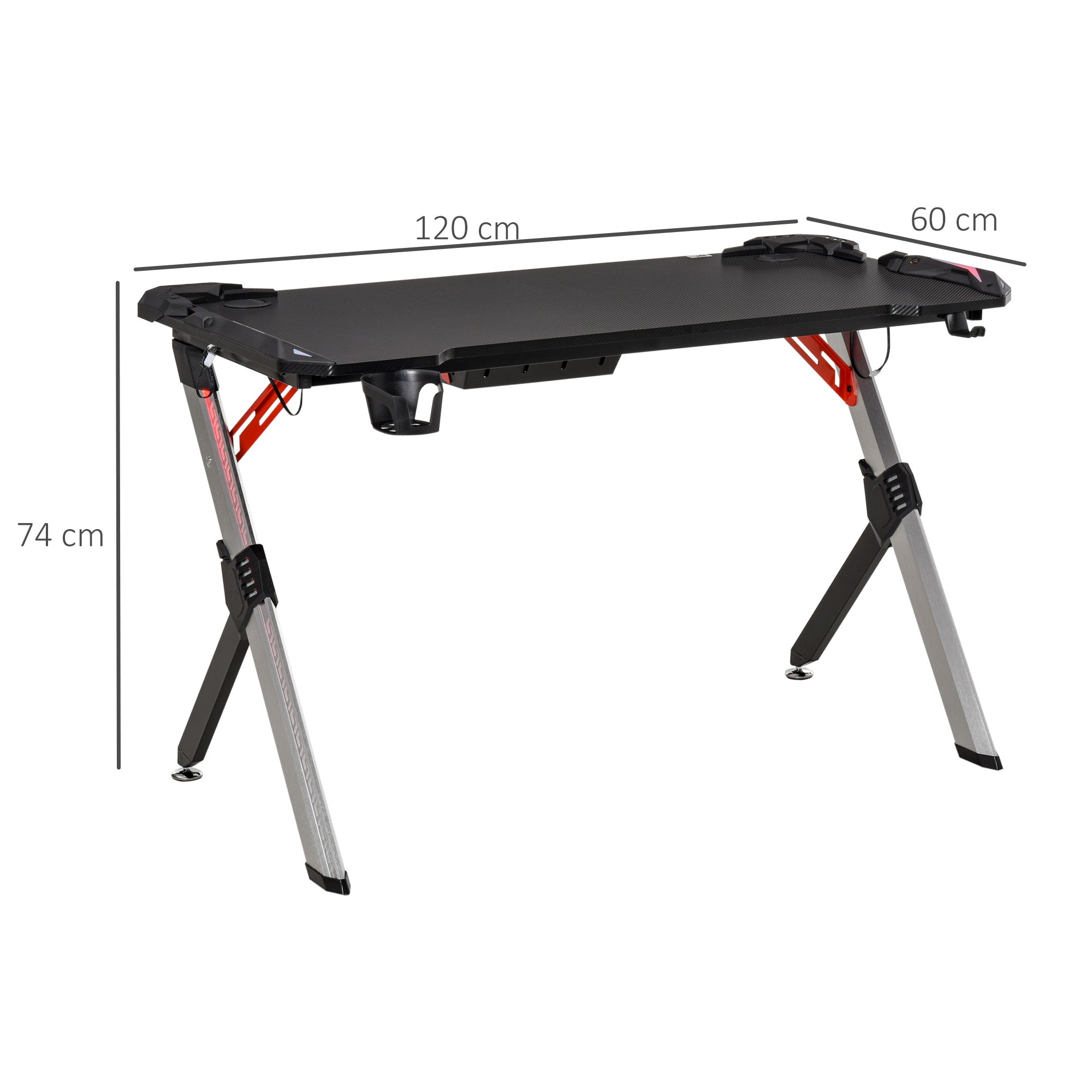 Gaming Desk with LED Lights, 120 x 60cm Computer Desk, Gaming Table with Carbon Fibre Tabletop, Cup Holder, Headphone Hook, Cable Management, Black