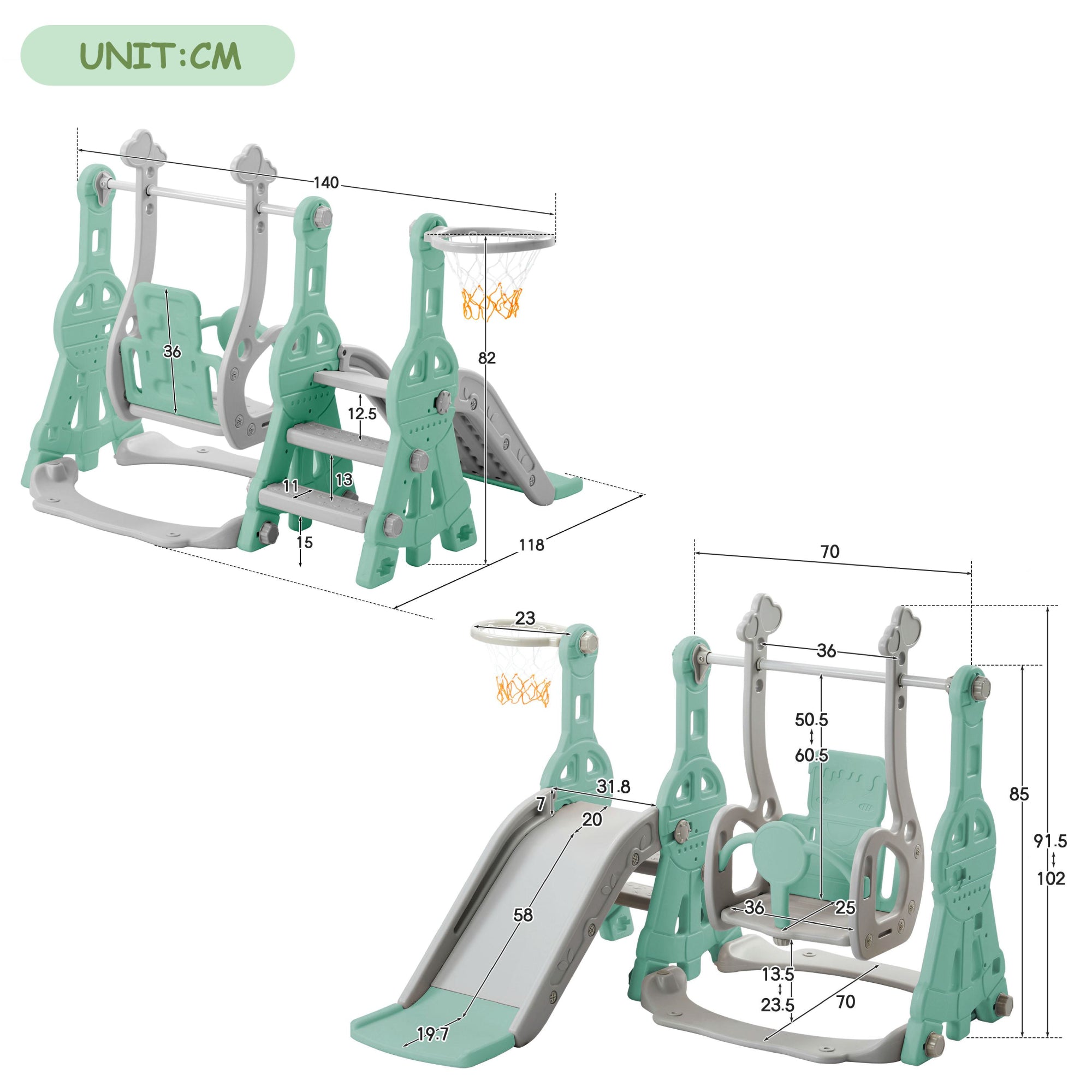 4-in-1 Children's Slide and Swing Set with Basketball Hoop and Climbing Ladder, Garden Slide Toddlers Climber, 140L x 118W x 102H cm, Green