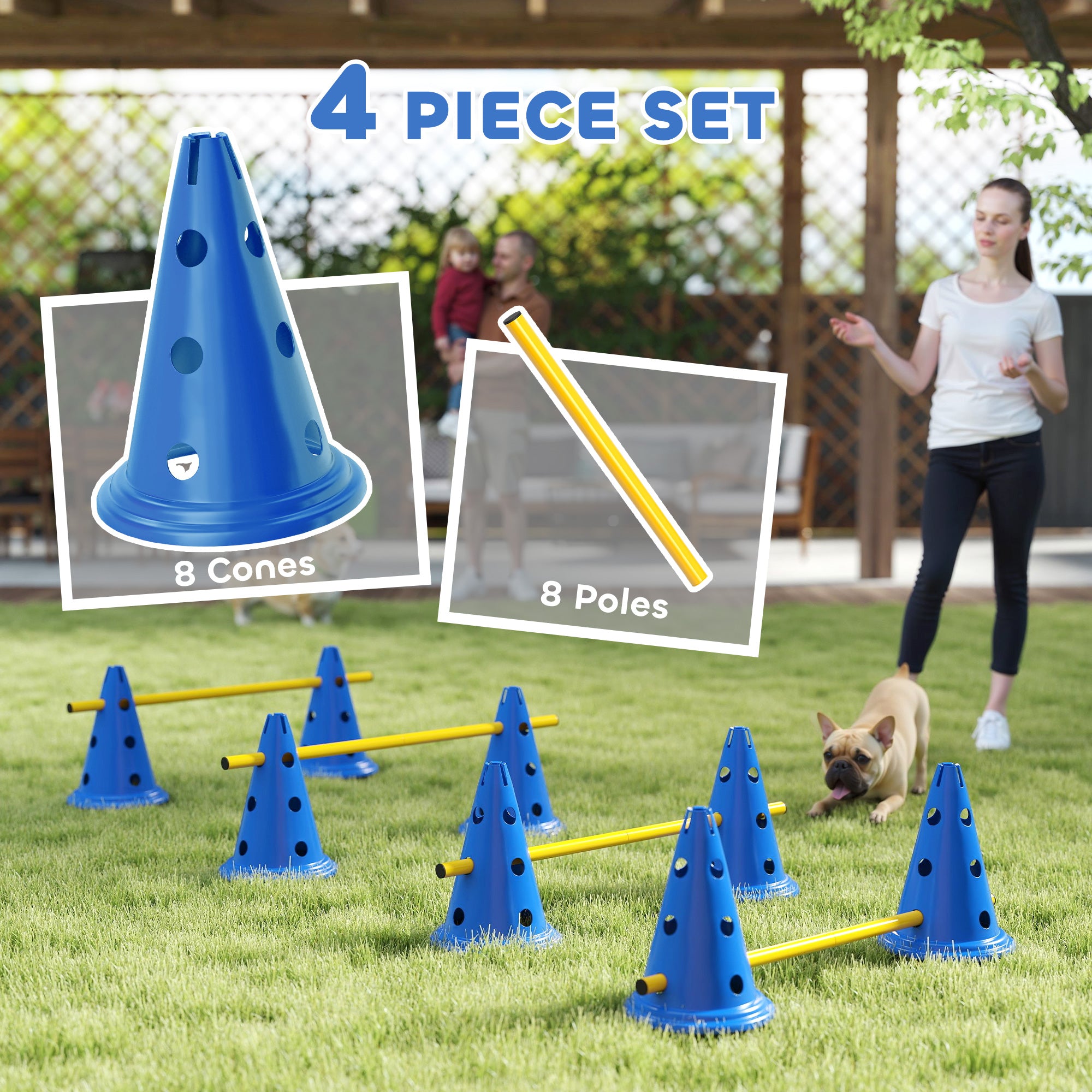 Dog Agility Equipment Set of Eight Cones, Eight Poles w/ Carry Bag, Four-Piece Adjustable Height Jumping Obstacles Blue
