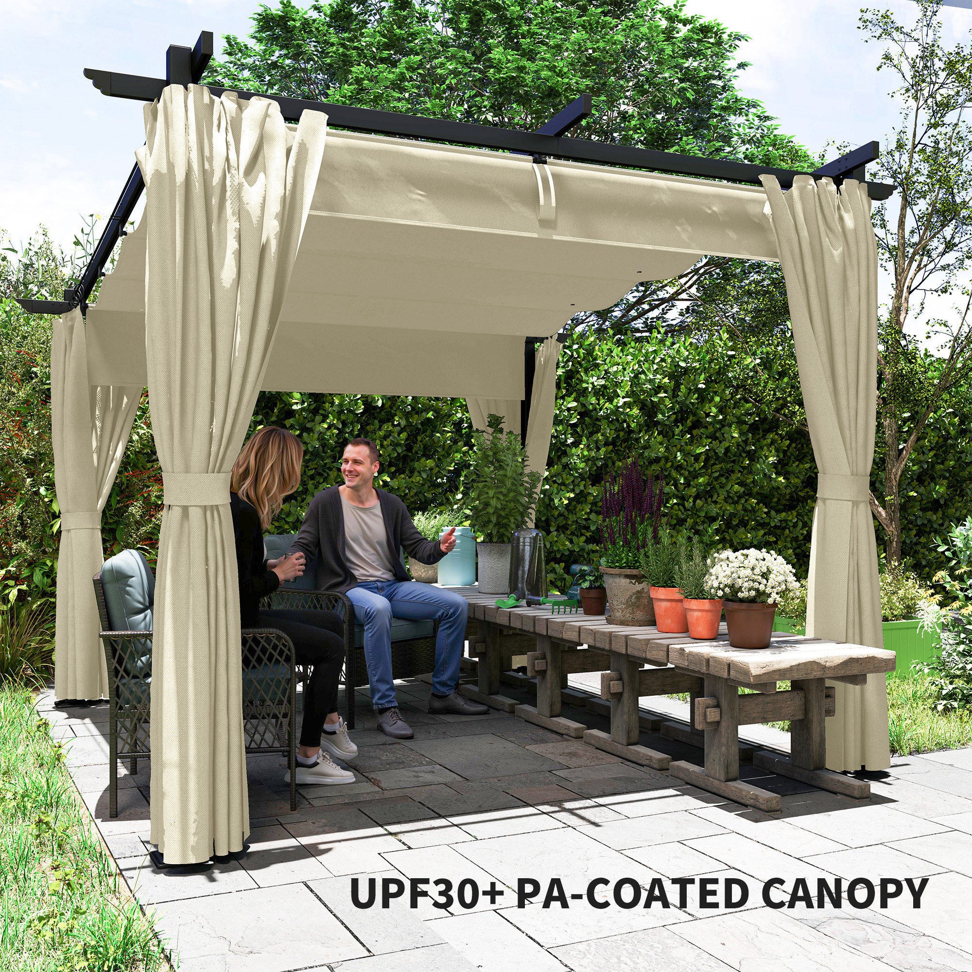3 x 3 Metre Retractable Roof Pergola with Curtains - Beige