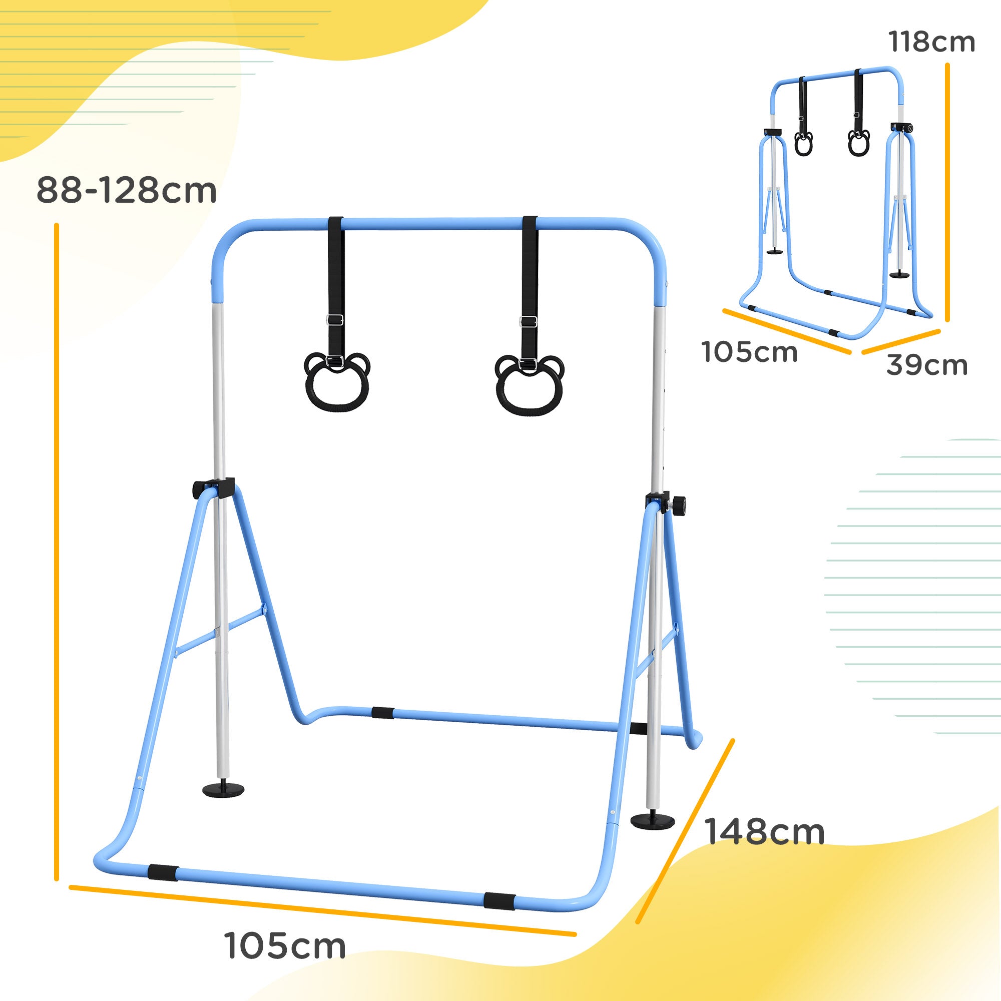 Adjustable Height, Foldable Kids Gymnastics Bar w/ Non-Slip Mats, for 3+ Years, Blue