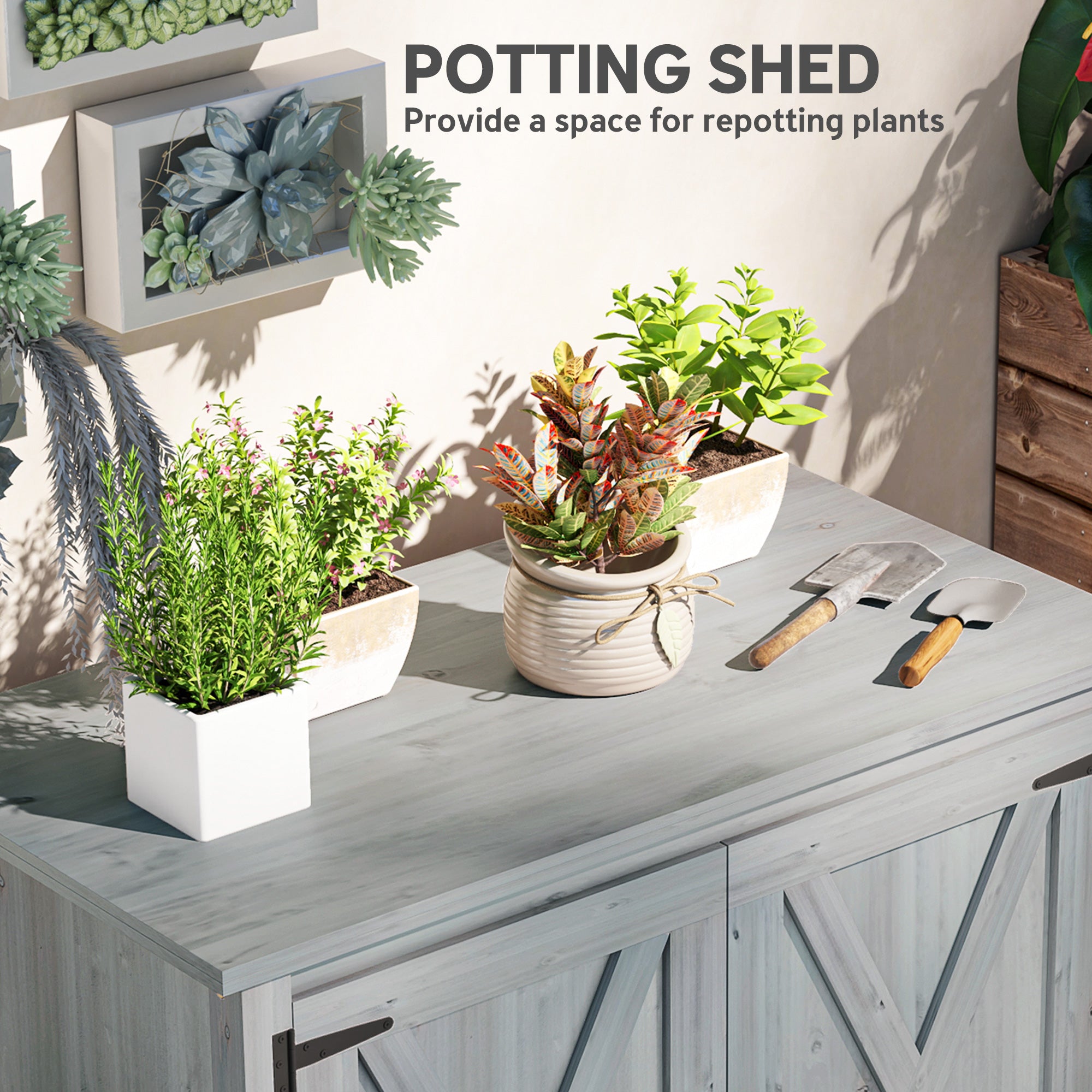 Wooden Garden Shed, Outdoor Fir Wood Storage Shed with Shelf and Double Doors, Light Grey