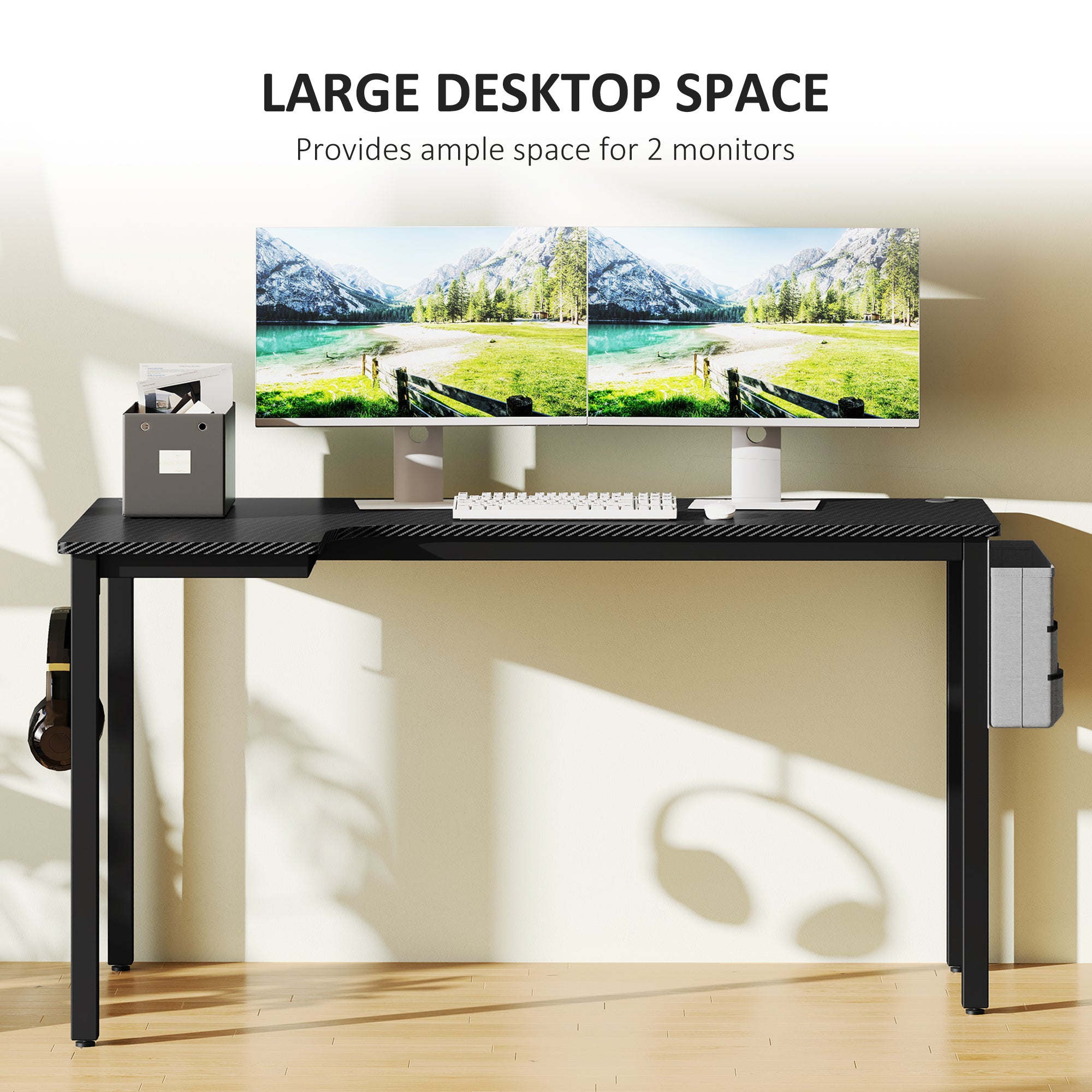 L-Shaped Computer Gaming Desk with Fabric Bag, Hooks and Cable Management, 145 x 81 x 76cm - Black