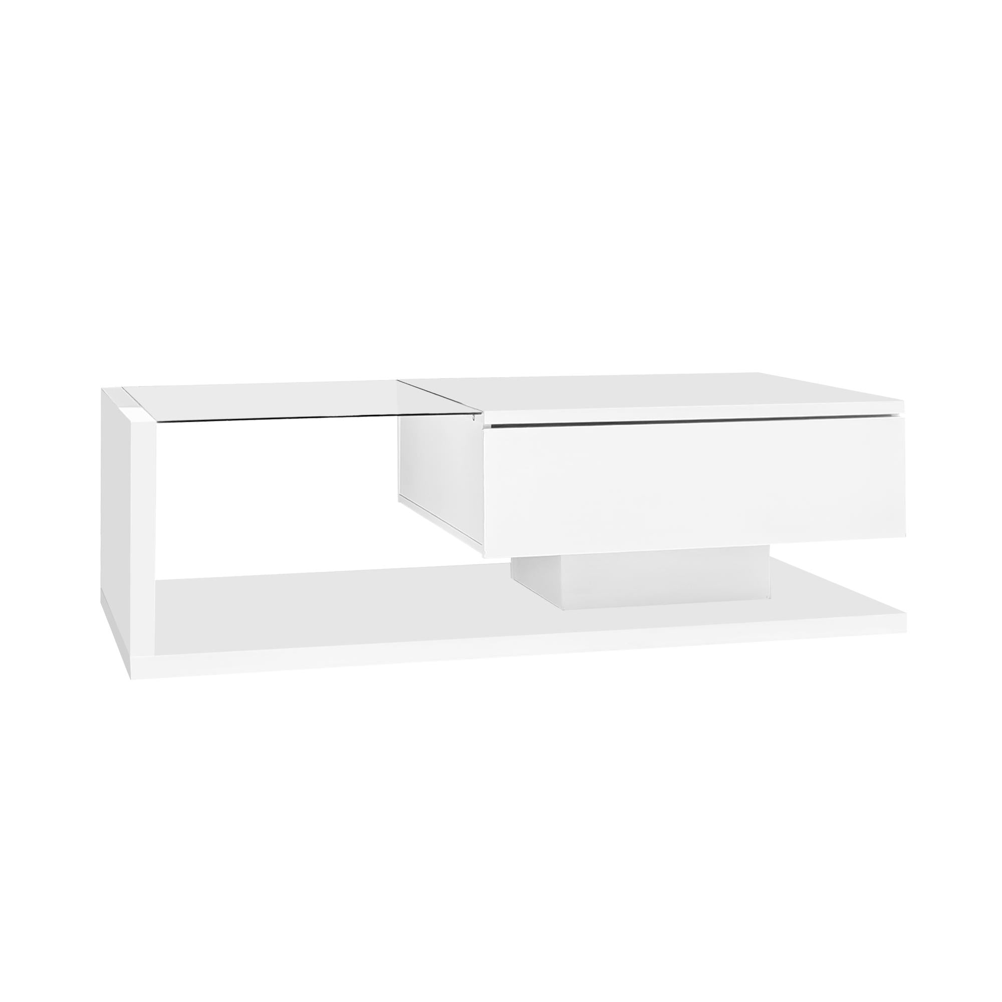 High-Gloss Coffee Table with Glass Top and LED Lights, Sofa Table for Living Room, 105L x 55W x 32.5H cm, White