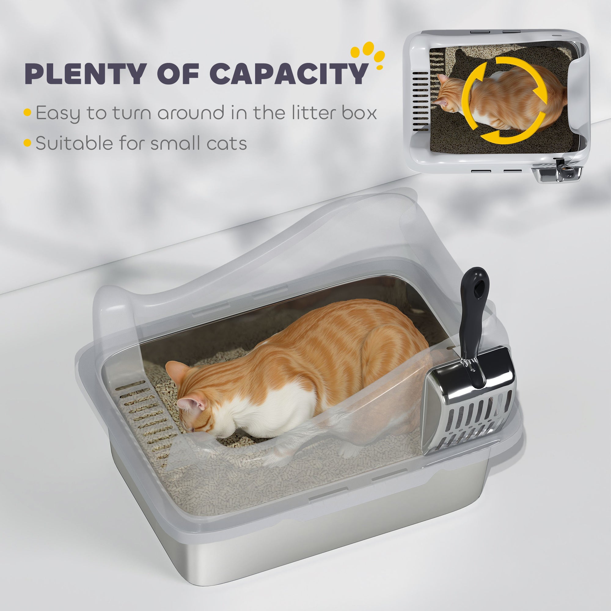 Stainless Steel Cat Litter Box with High Sides, Metal Scoop, 43 x 33 x 25 cm