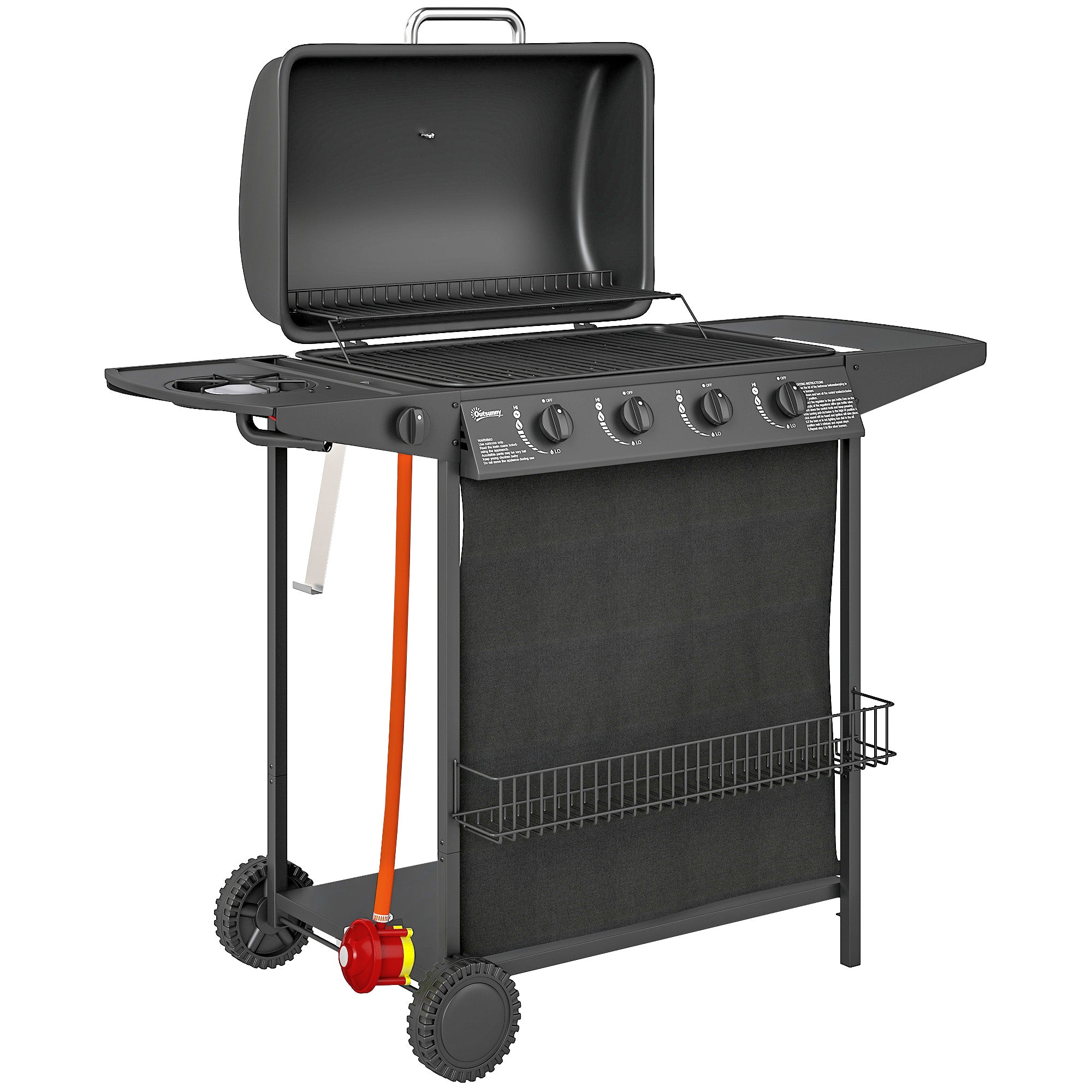 4+1 Burner Gas BBQ Grill, Portable Gas Barbecue Grill with Built-in Thermometer, Lid, Side Table, Shelf, Spice Rack, Wheels, Grease Cup for Garden Party Outdoor Cooking, Black