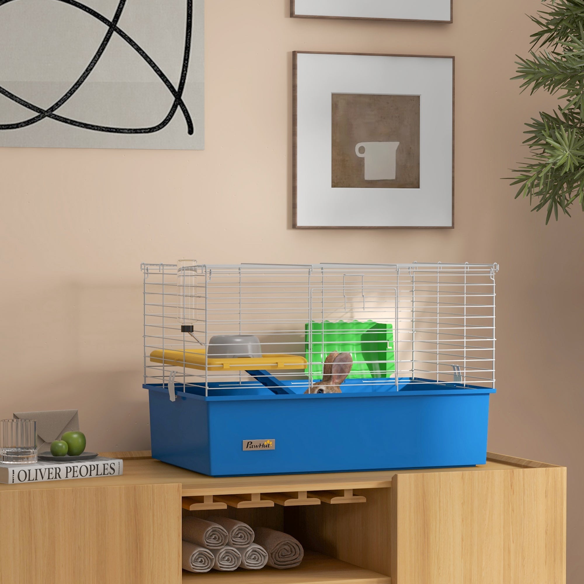 Chinchillas Small Rabbit Guinea Pig Small Animal Cage, Pet Playhouse, with Platform, Ramp, 71 x 46 x 47cm, Blue