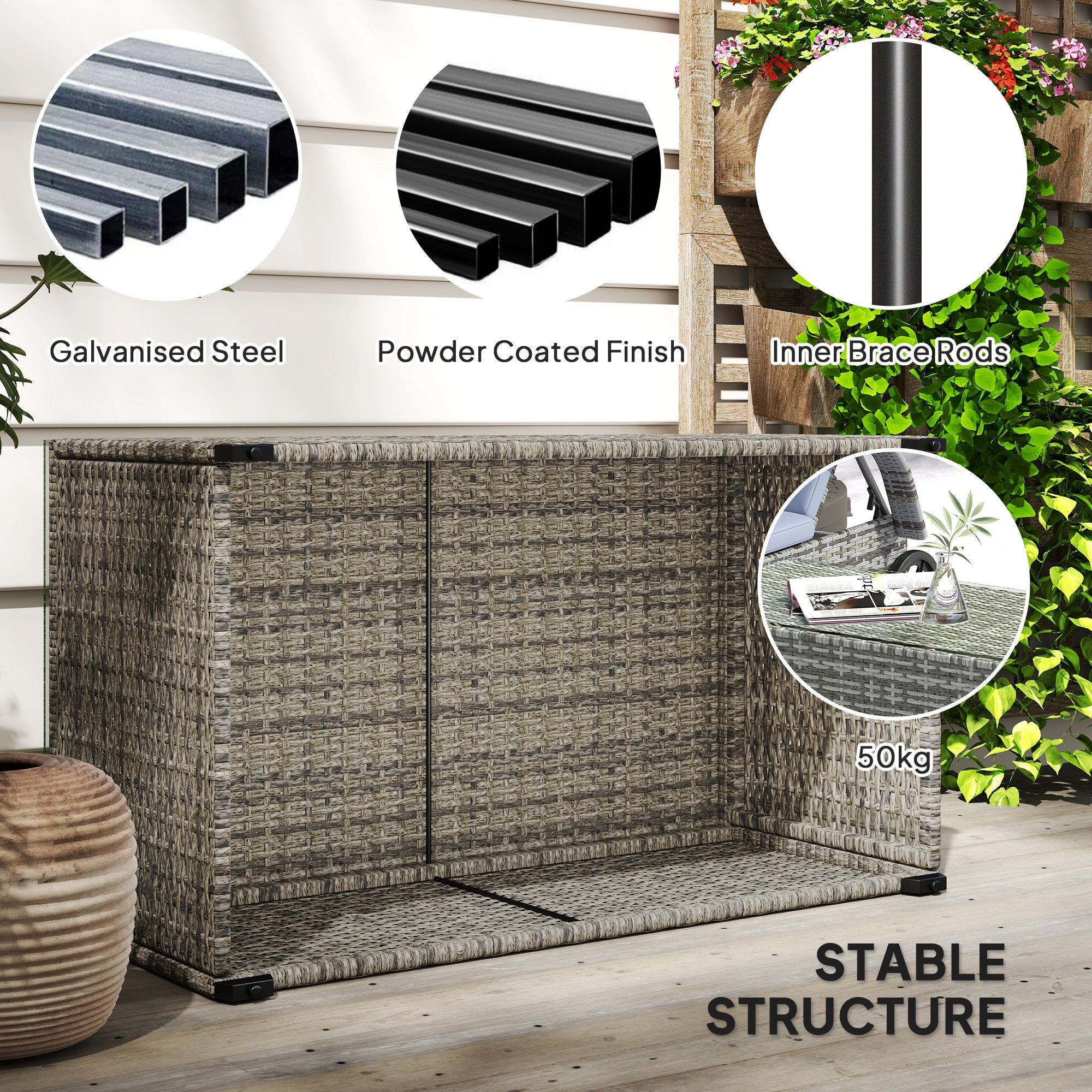 Glass-Top Rattan Side Table with Tempered Glass - Dark Grey