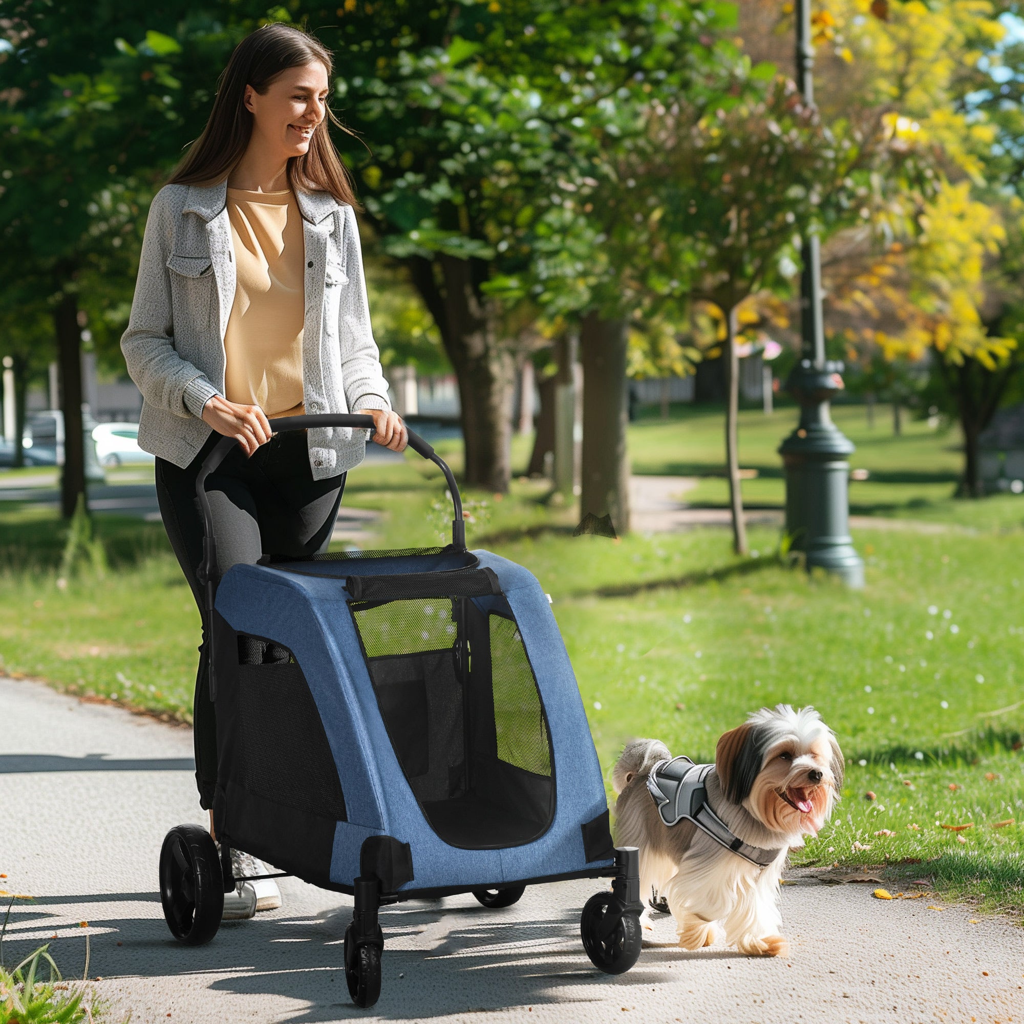 Dog Stroller 4 Wheels Pet Trolley Carrier Mesh Windows for Medium Large Dogs Traveling Blue