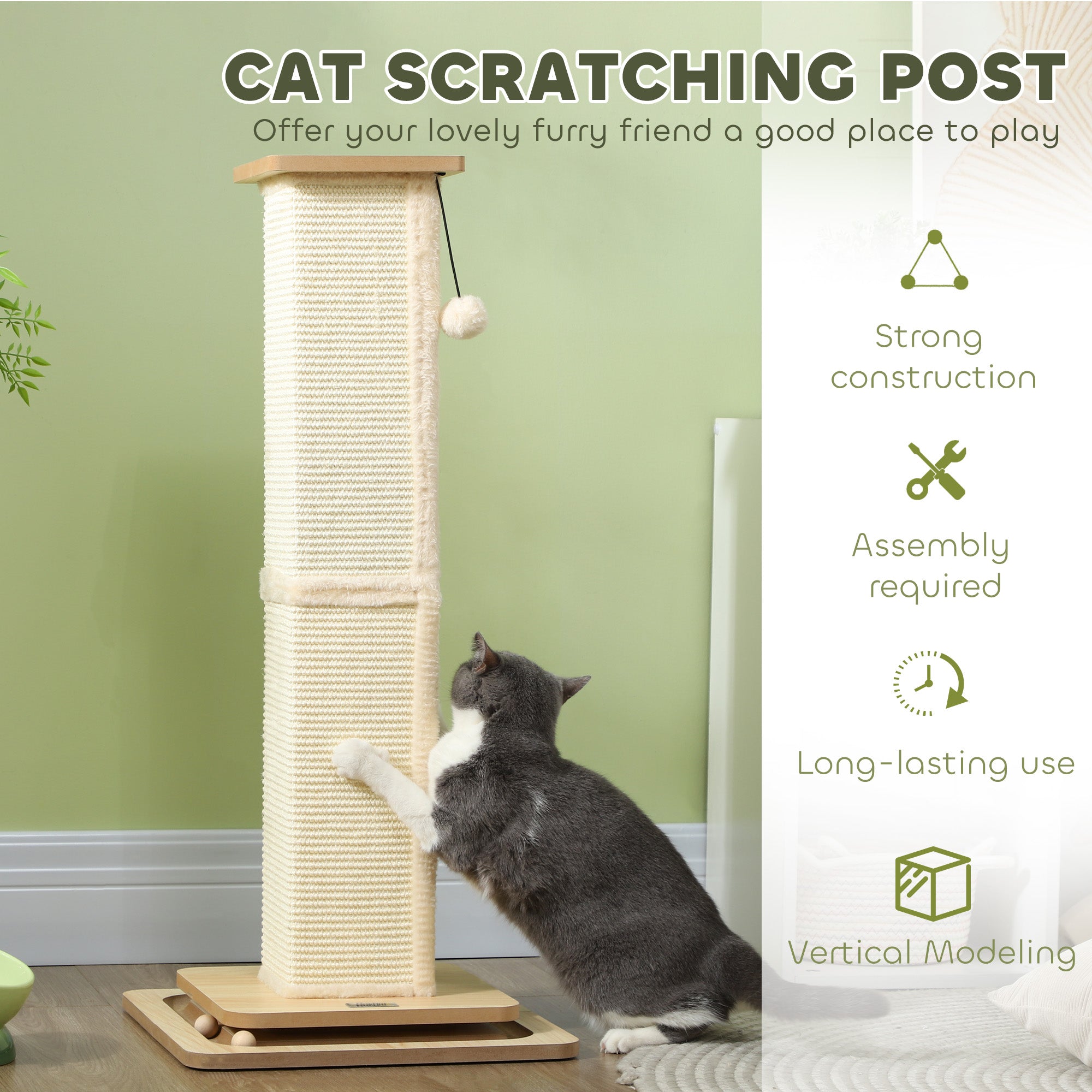 3-in-1 Cat Scratching Post, 87cm Cat Scratcher w/ Track Ball Toy, Oak Tone