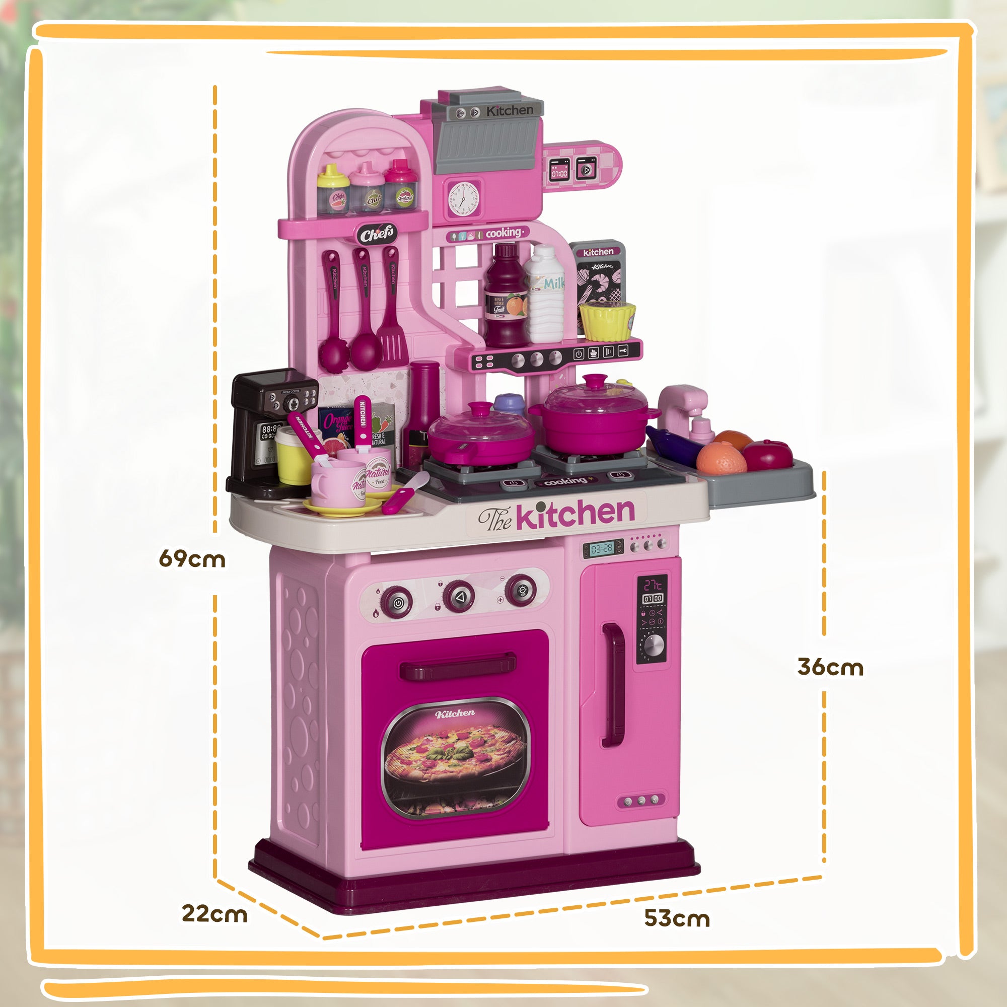 Kids Kitchen with 33 Piece Accessories, Lights, Sounds, Storage, for Children 3-6 Years, Pink