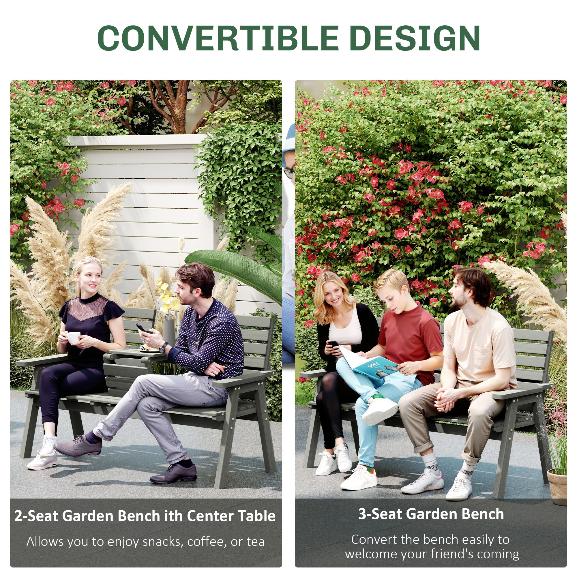 Convertible Fir Wood 2 to 3 Seater Outdoor Garden Bench - Grey