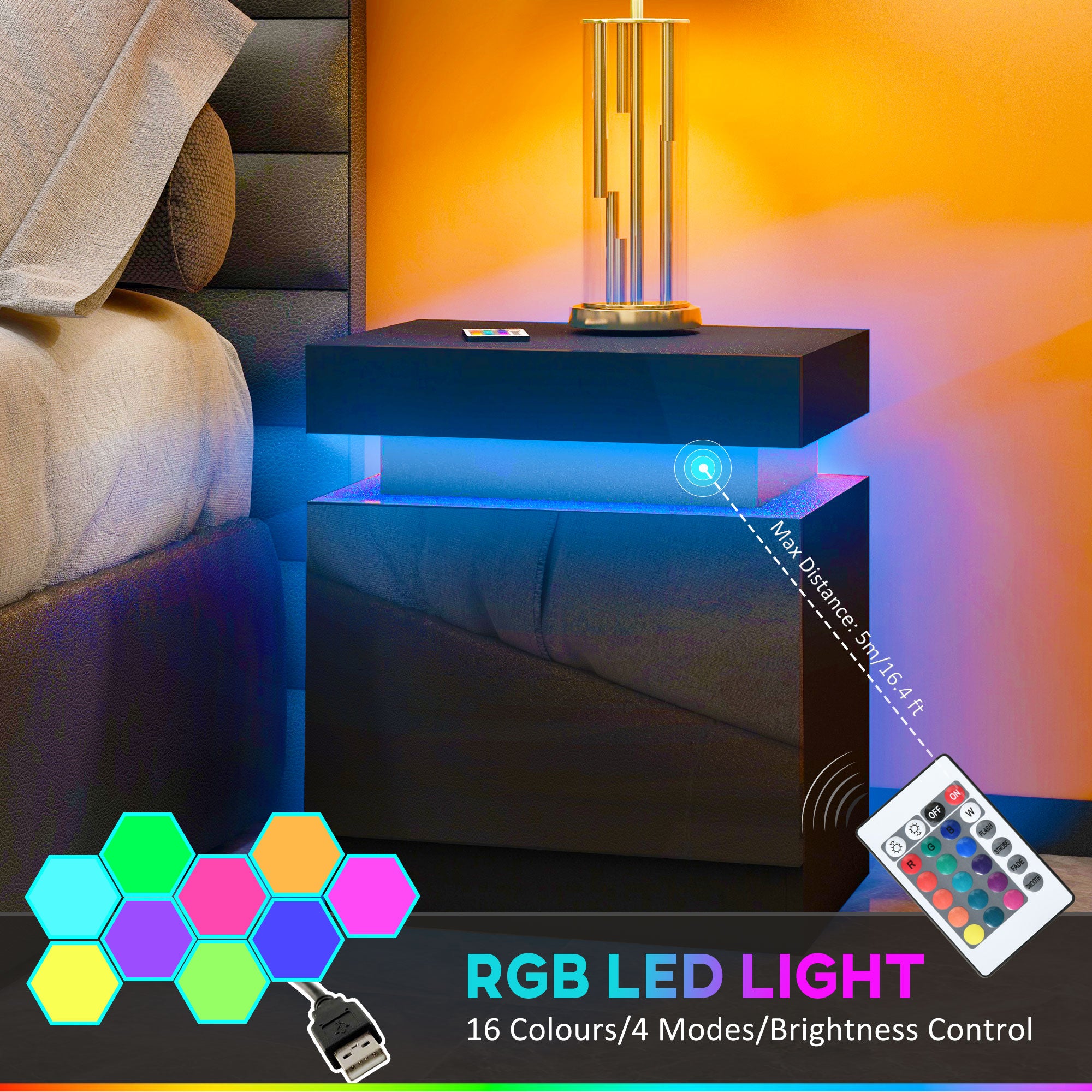 High Gloss Front Bedside Tables Set of 2, Nightstands with RGB LED Light and 2 Drawers, Chest of Drawers for Bedroom, Living Room, Black