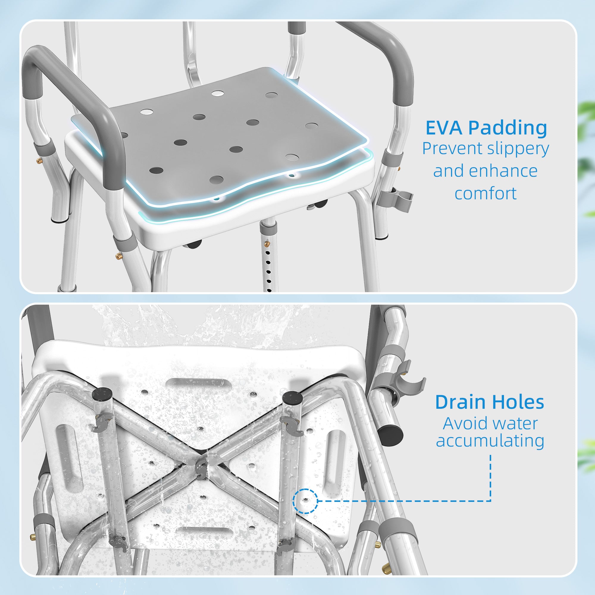 EVA Padded Shower Chair for the Elderly and Disabled, Height Adjustable Shower Stool with Back and Arms, 4 Suction Foot Pads, Light Grey