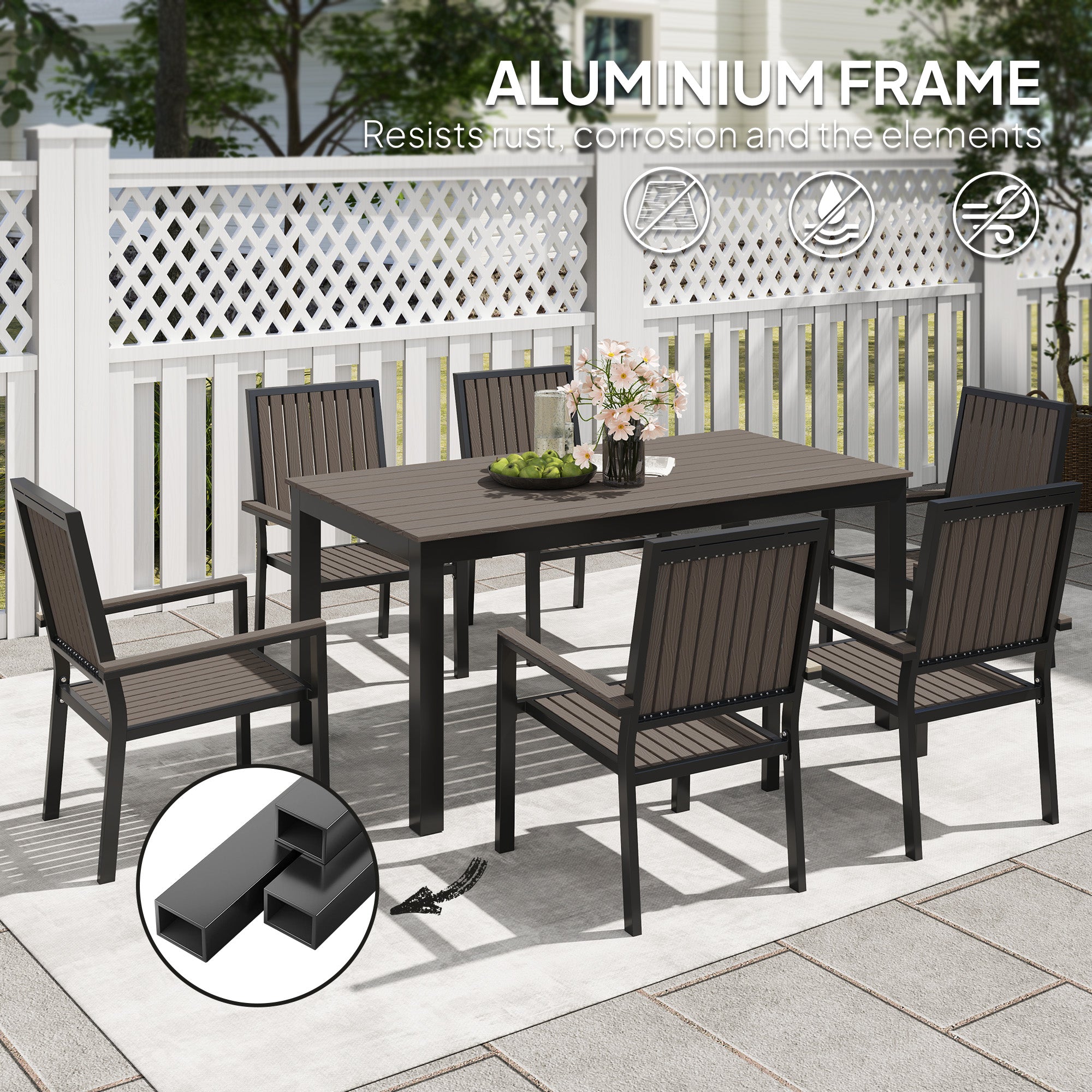 6 Seater Garden Dining Set with Stackable Chairs and Rectangular Aluminium Frame Table - Brown