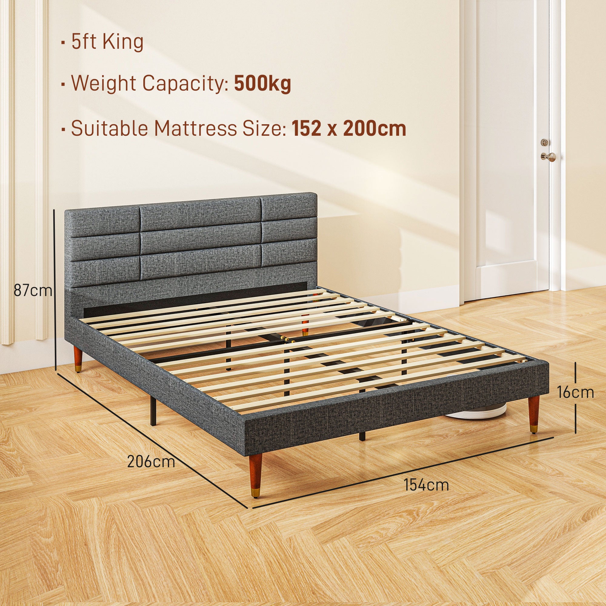 Upholstered King Bed Frame, with Slats - Grey