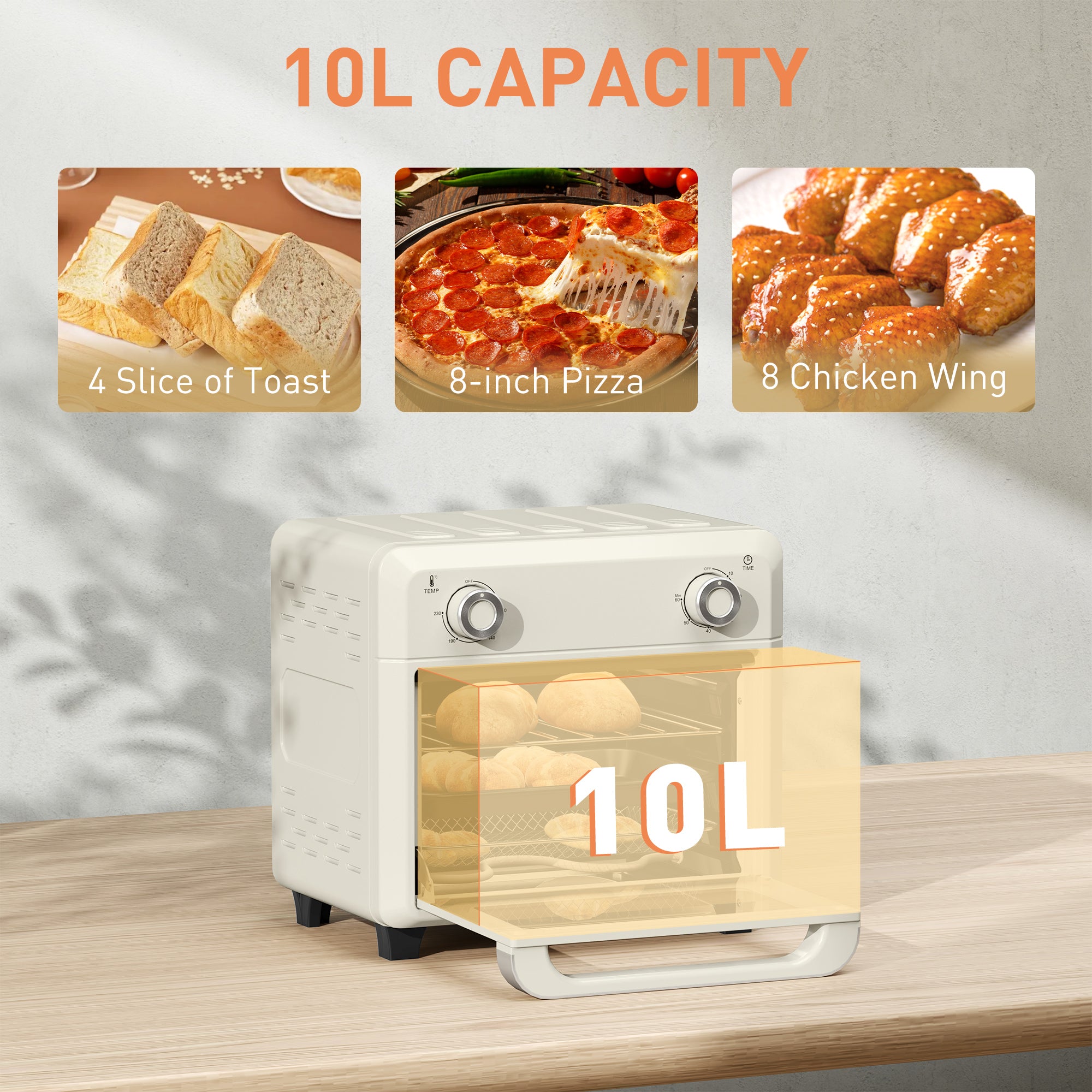 10L Air Fryer Oven, Mini Oven, Oil Free Cooking, Grill, Roast, Bake, with Adjustable Temperature, Timer, Touch Screen, Dishwasher Safe, 1000W, Cream White