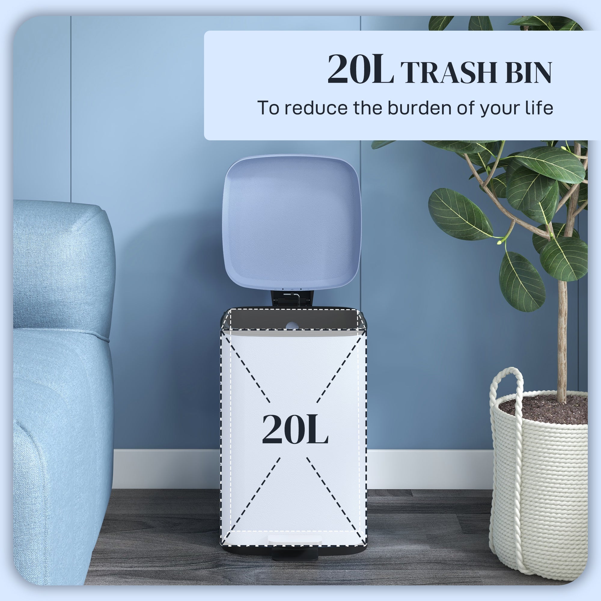 20L Modern Boxy Metal Home Kitchen Bin - Light Blue