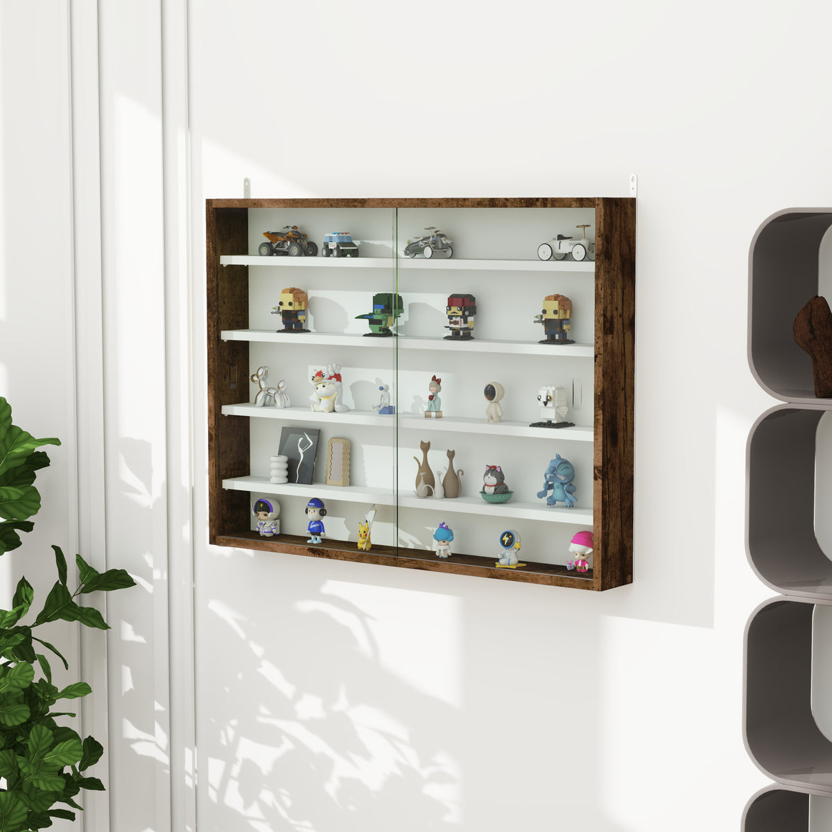 5-Tier Wall Display Shelf Cabinet with 4 Adjustable Shelves and Glass Doors 60x80cm - Rustic Brown