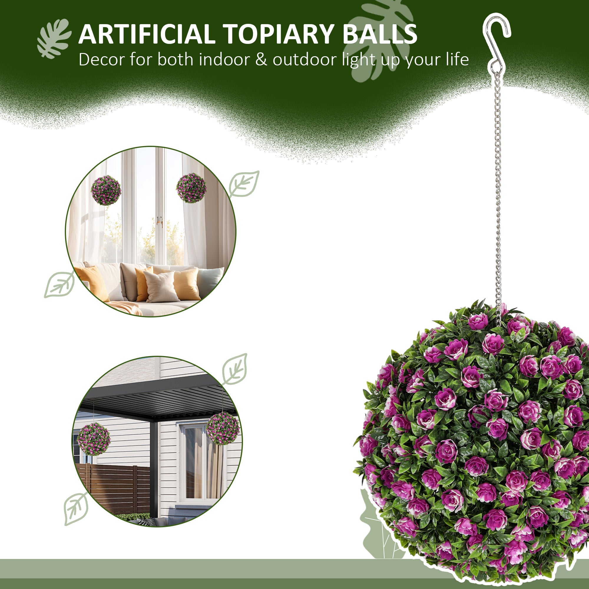 Set of 2 Decorative Artificial Plants, UV-protected Artificial Plant Topiary Rose Balls, Fake Plants for Home Indoor outdoor Decor, 28cm, Purple
