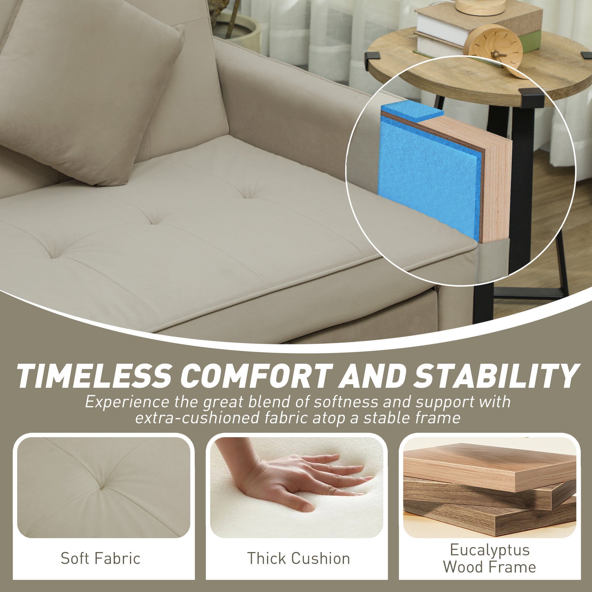 Three-Person Velvet-Feel Sofa Bed with Adjustable Backrest - Beige