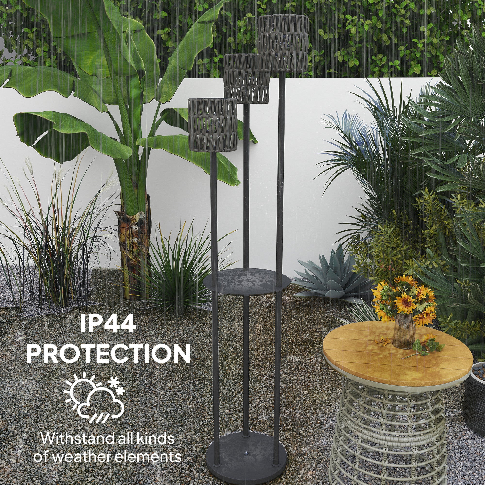 Boho Rattan Floor Lamp, 3-Lights Rattan Lamp with Shelf, Freestanding Solar Garden Light with Auto On/Off Lights, Grey