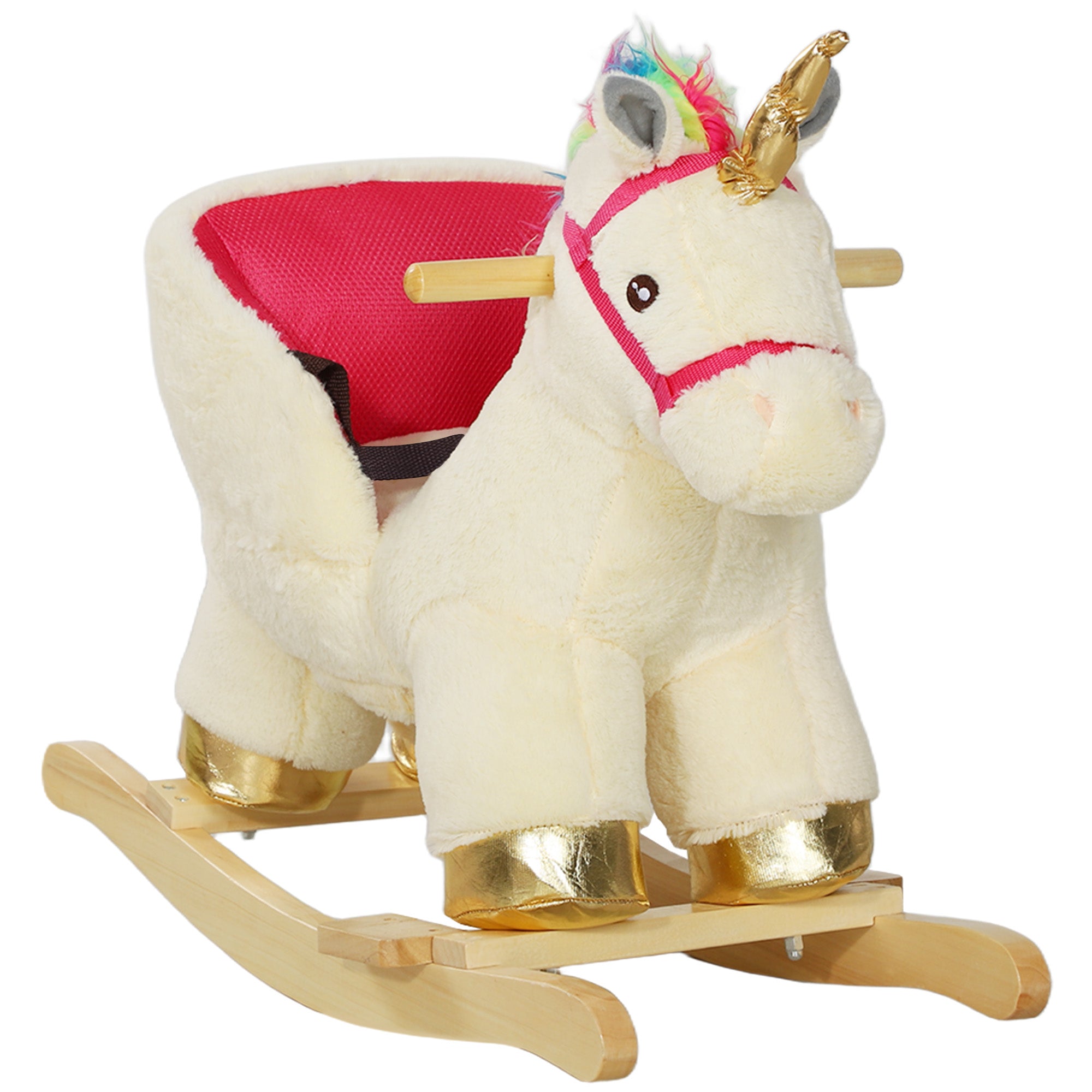 Kids Rocking Horse with Realistic Sound, Safety Belt, Wooden Base, for Toddlers 18-36 Months
