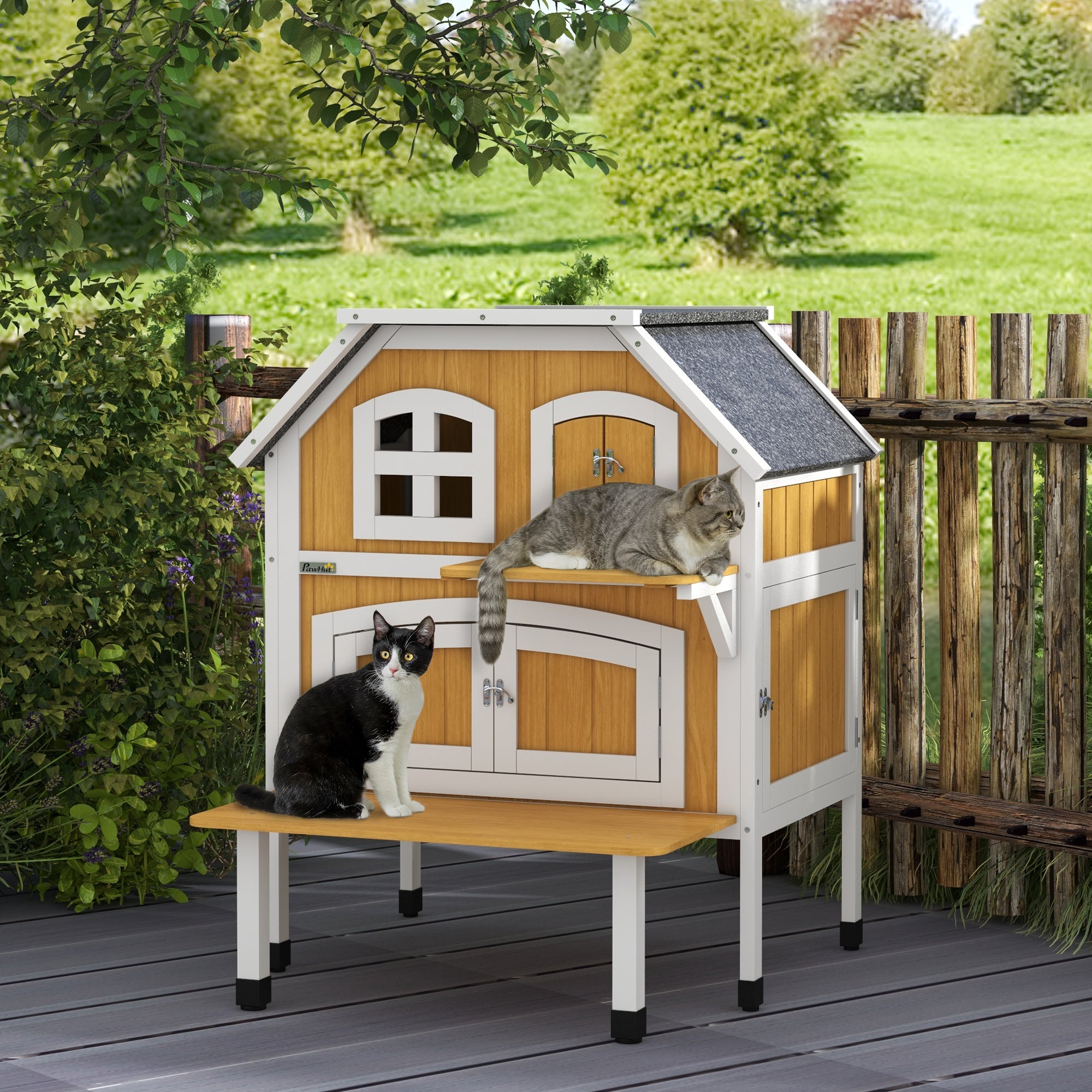 Outdoor Cat Shelter 2 Tiers Wooden Feral Cat House with Openable Asphalt Roof, Escape Doors, Terrace, for 1-2 Cats