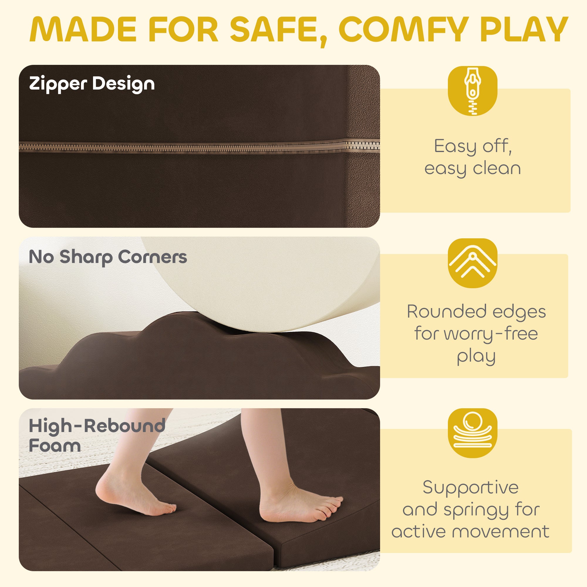 7 Piece Kids Soft Play Set with Detachable Cover, Baby Indoor Climb and Crawl Foam Toy for Toddlers, Preschoolers, Brown