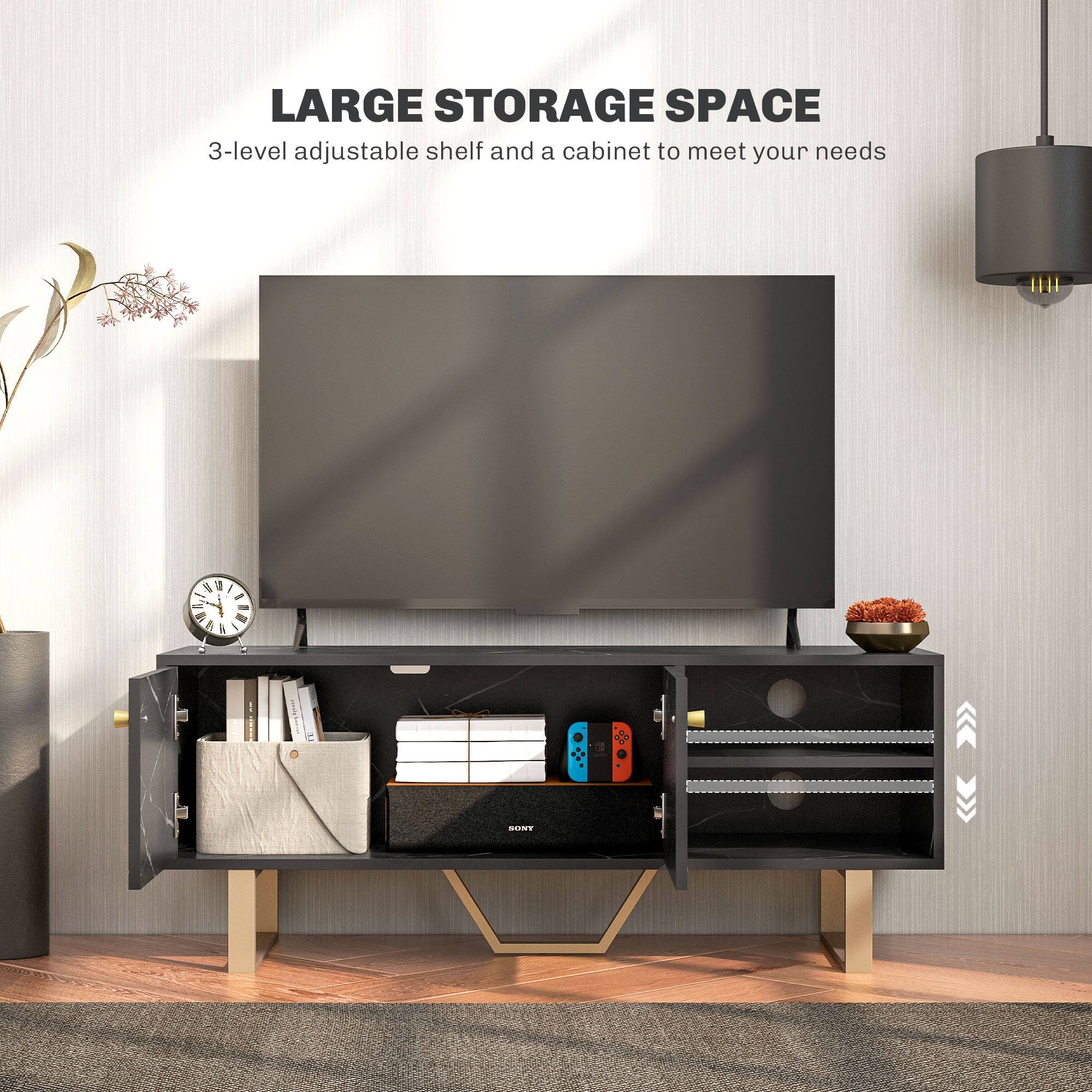 TV Stand Cabinet for TVs up to 50 Inches with Storage Shelves and Cupboard - Black Marble Tone