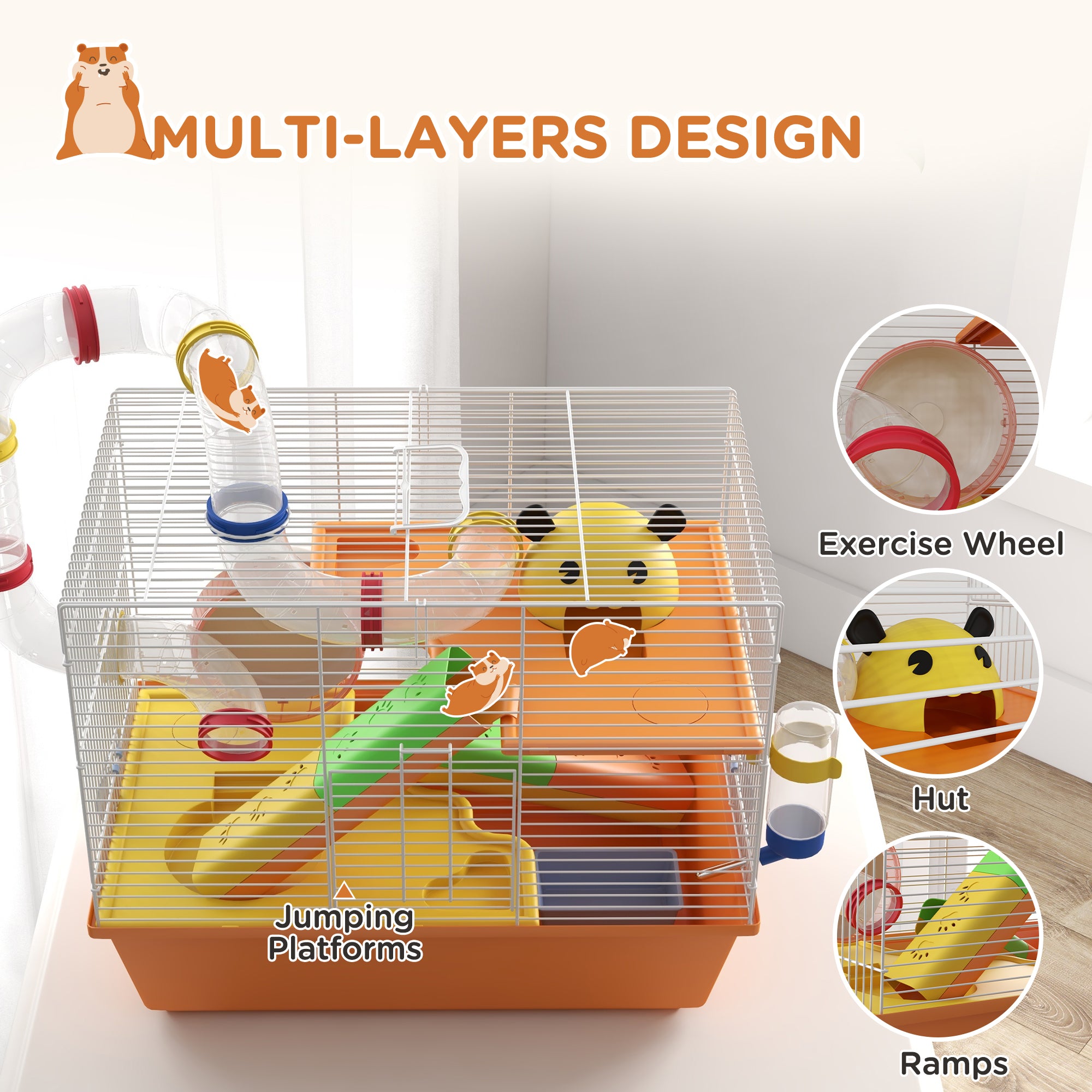 3 Tiers Gerbil Cage, Hamster Cage with Tubes, Exercise Wheel, Ladder, Top Handle, 45 x 28 x 37cm - Orange