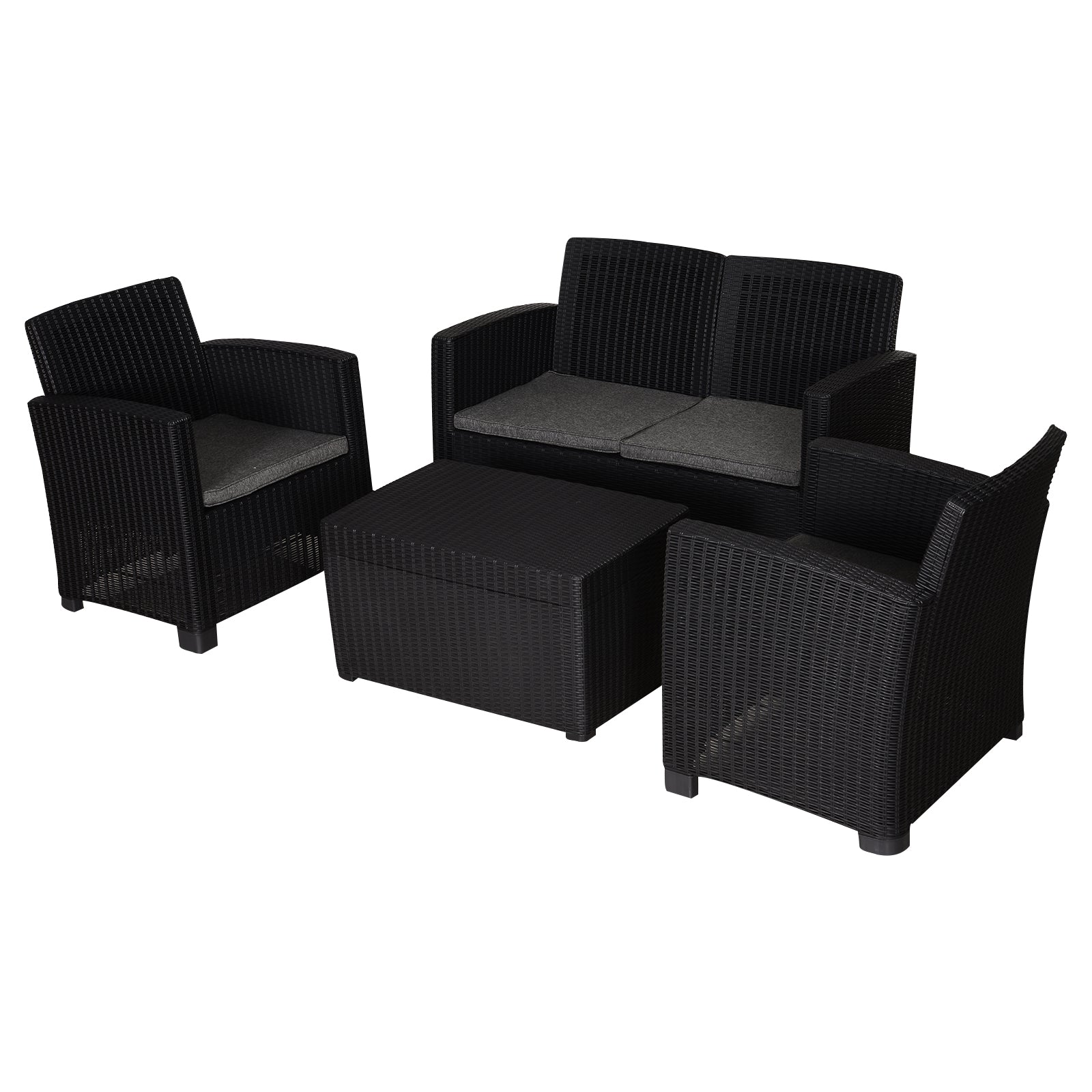 Garden PP Rattan Style Sofa Table Set 4 Seater Outdoor Patio 2 Single Chairs & 1 Bench Conservatory Furniture Cushioned Black