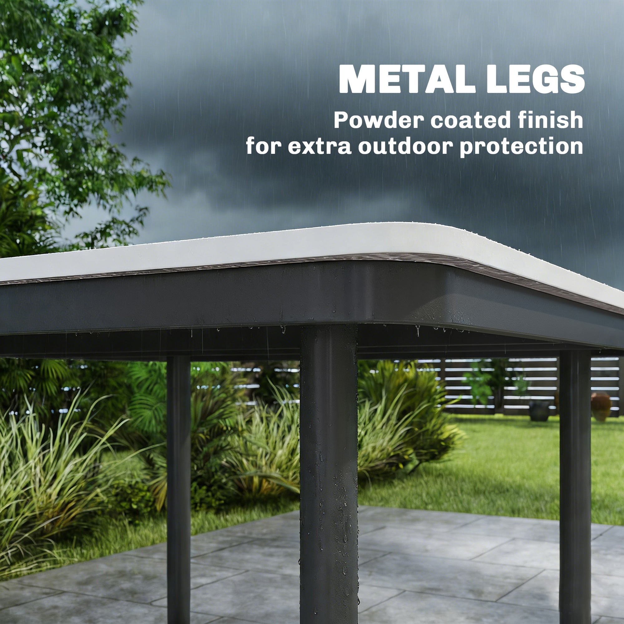 Garden Dining Table for 4, 85 cm Square Outdoor Table with Umbrella Hole, Faux Wood Top, Metal Legs, Dark Grey