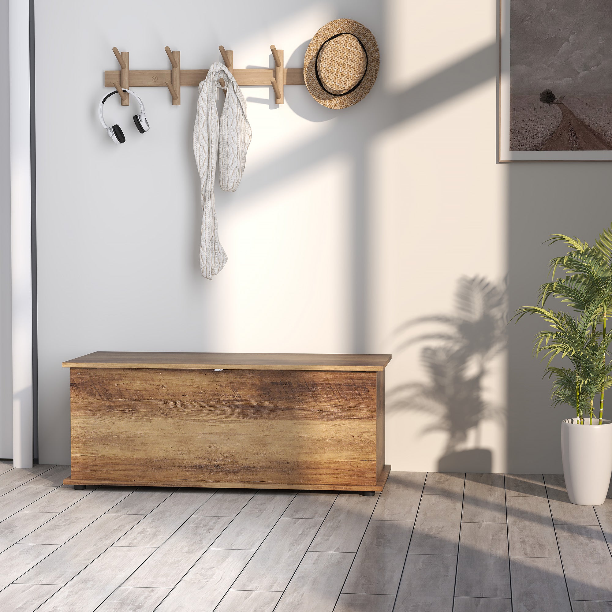 113L Storage Chest with Flip-Top Lid and Safety Hinges, Storage Trunk for Living Room and Entryway - Brown Wood Grain