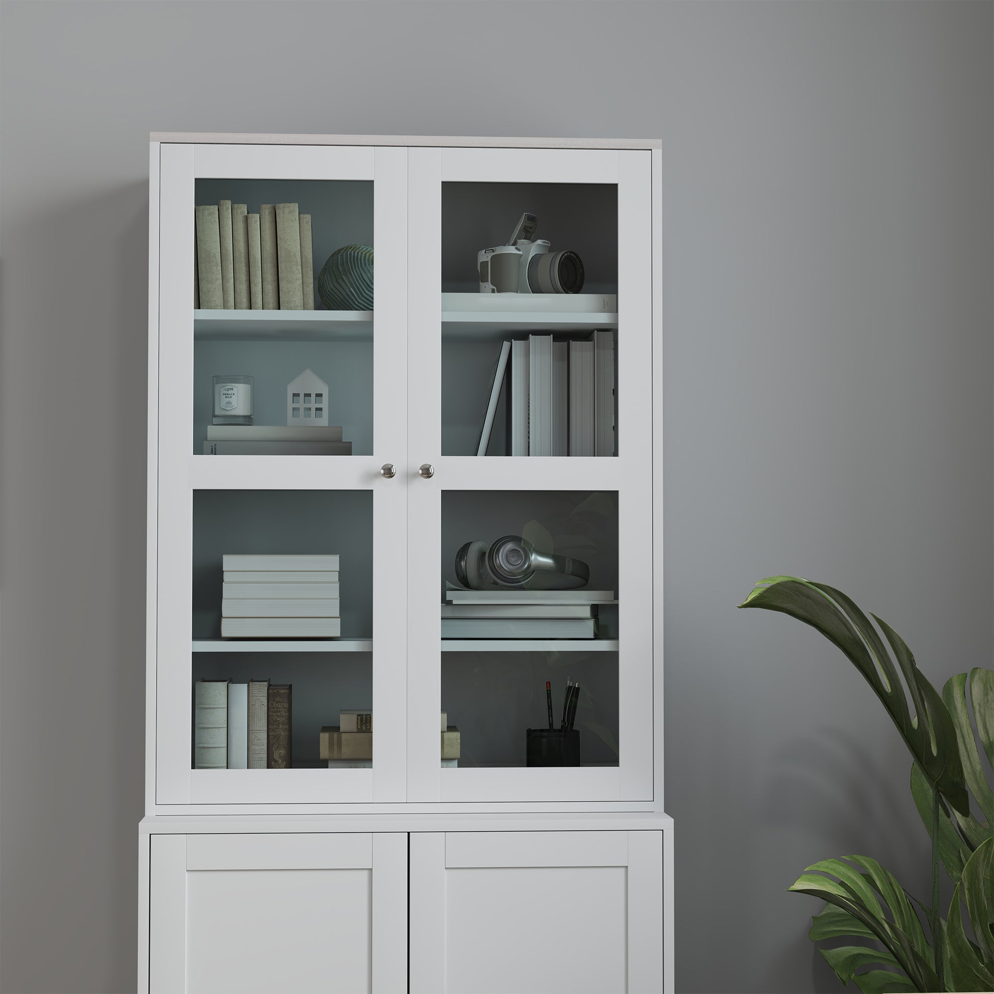 Double Storage Display Cabinet with Glass Doors - White
