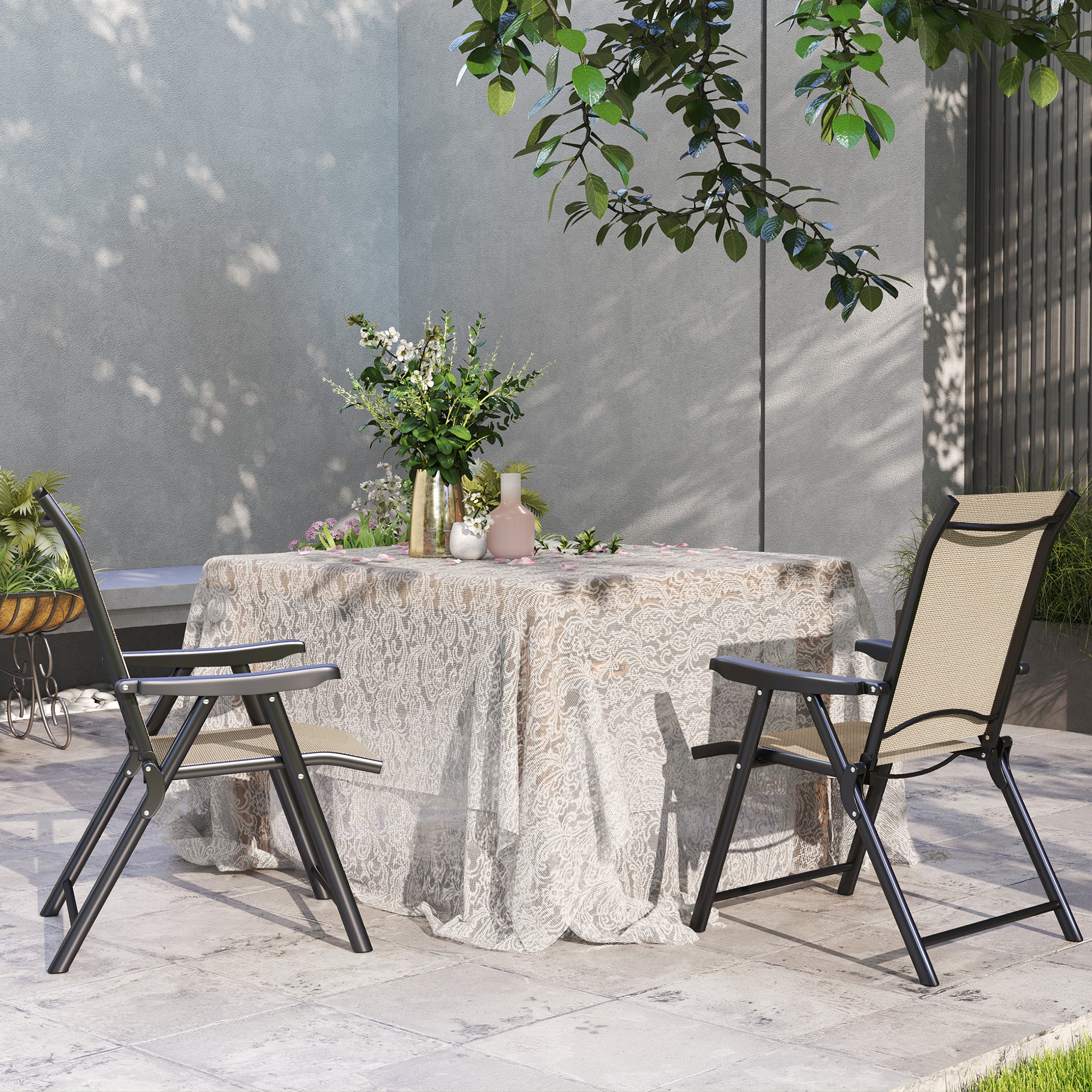 Set of 2 Folding Outdoor Chairs with Breathable Mesh and Armrests - Brown Black