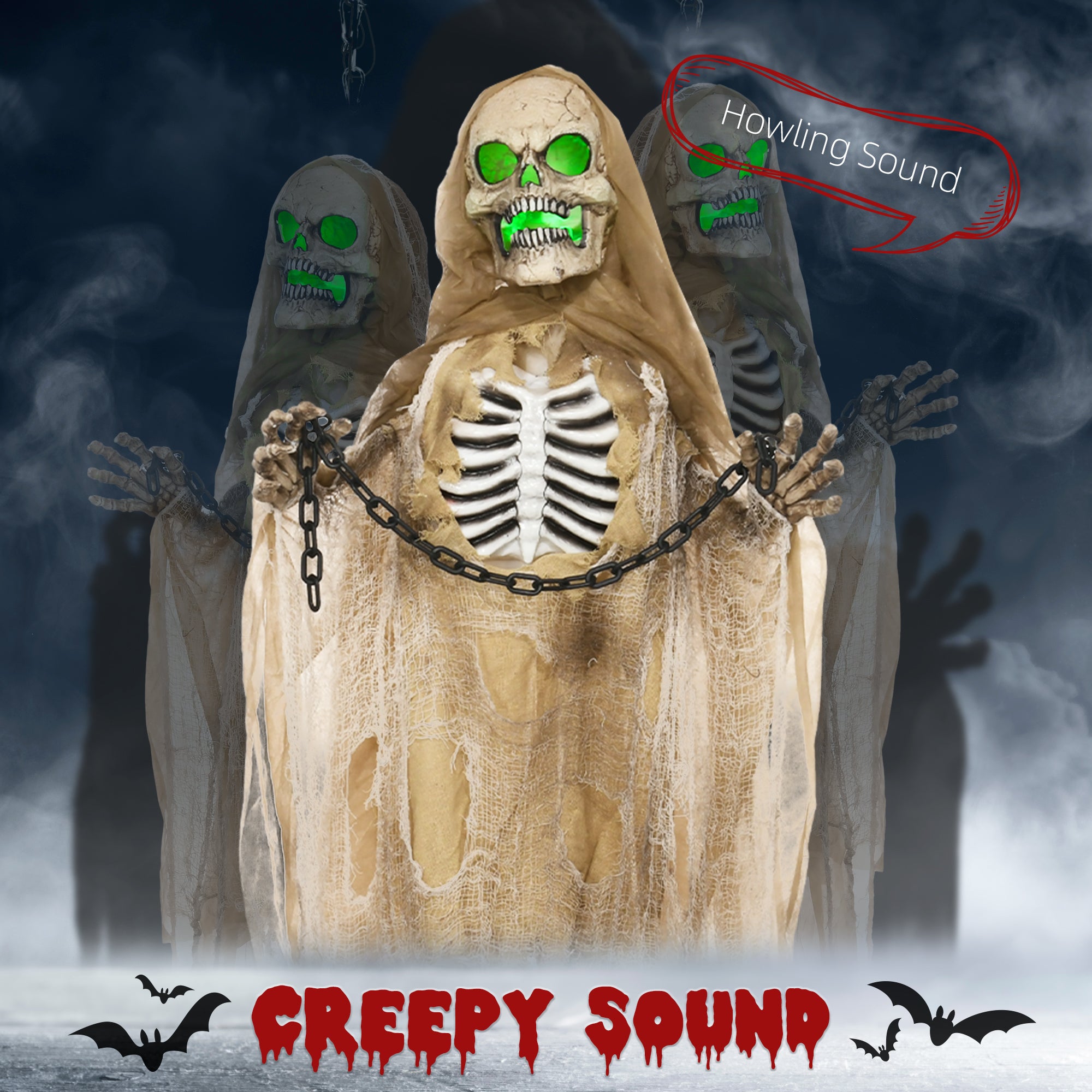 6' Hanging Skeleton Ghost Halloween Animatronic, with Glowing Eyes and Chest