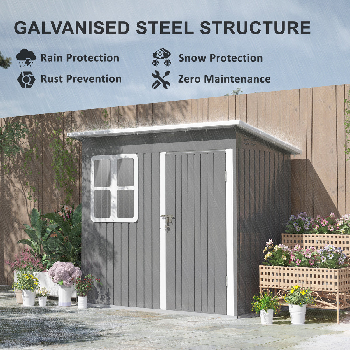 7 x 4ft Galvanised Steel Garden Shed with Lock, Gloves & Foundation Kit - Grey