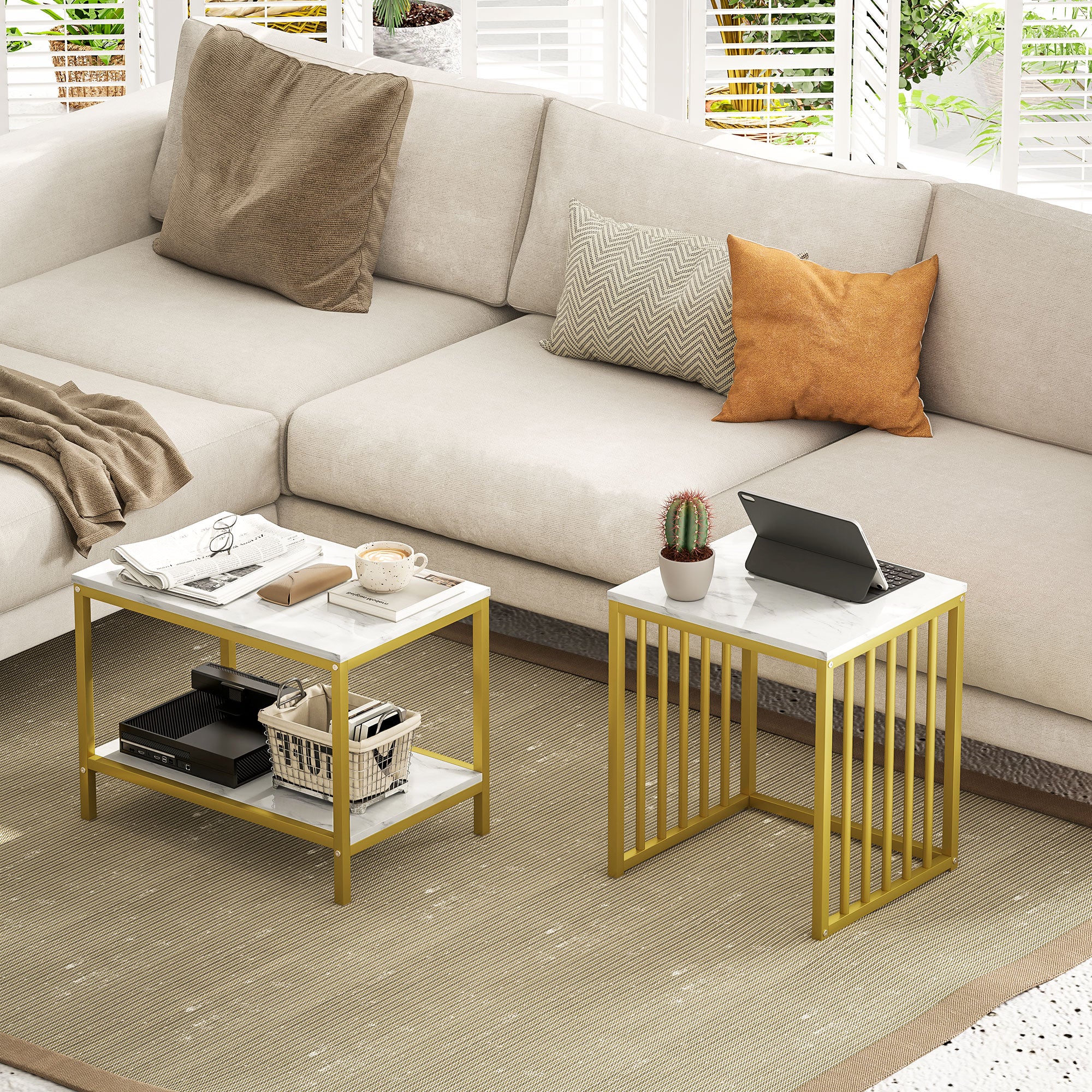 Modern Coffee Table Set of Two, Marble-Effect Nesting Side Tables with Steel Frame for Living Room, Gold Tone